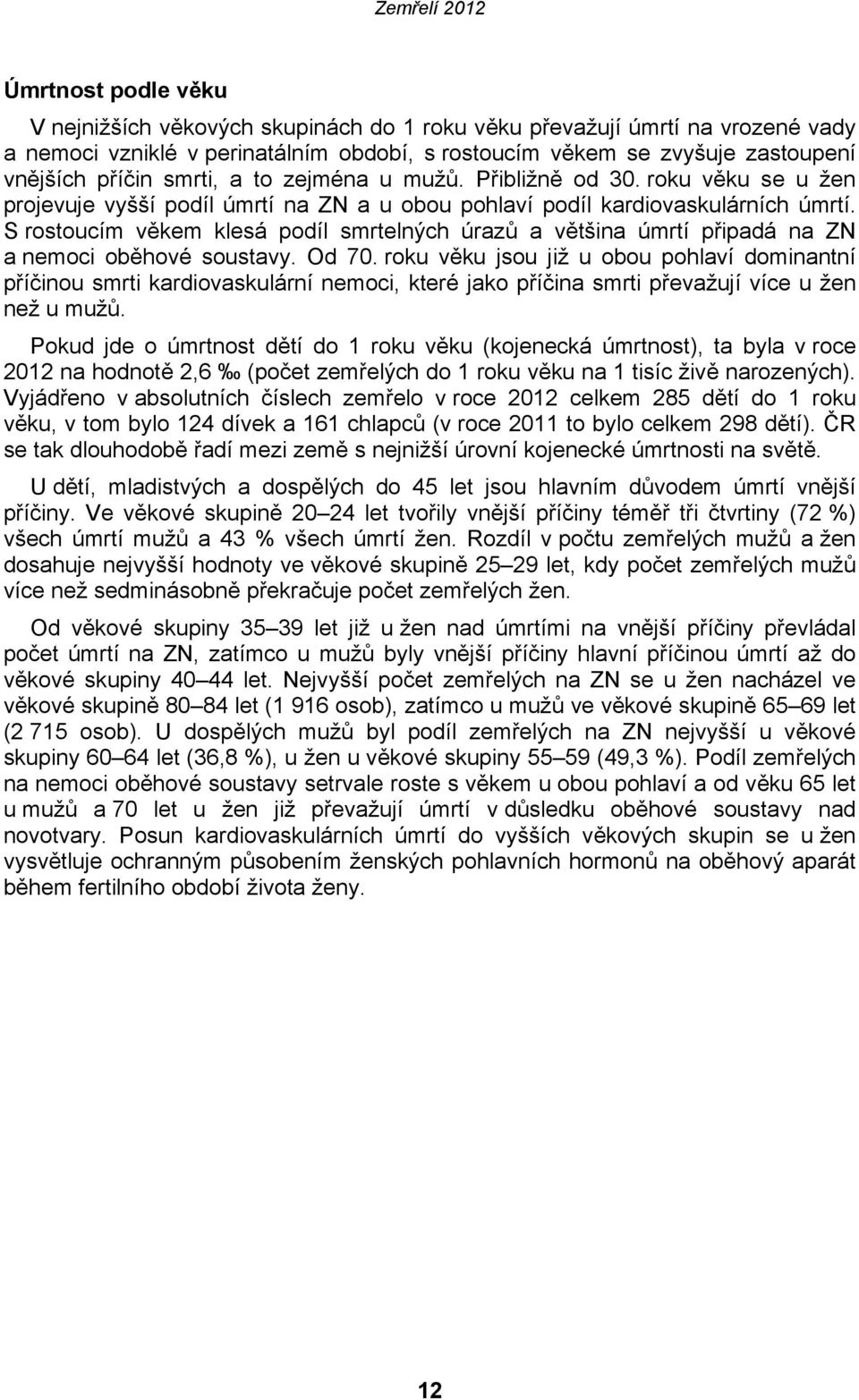 S rostoucím věkem klesá podíl smrtelných úrazů a většina úmrtí připadá na ZN a oběhové. Od 70.