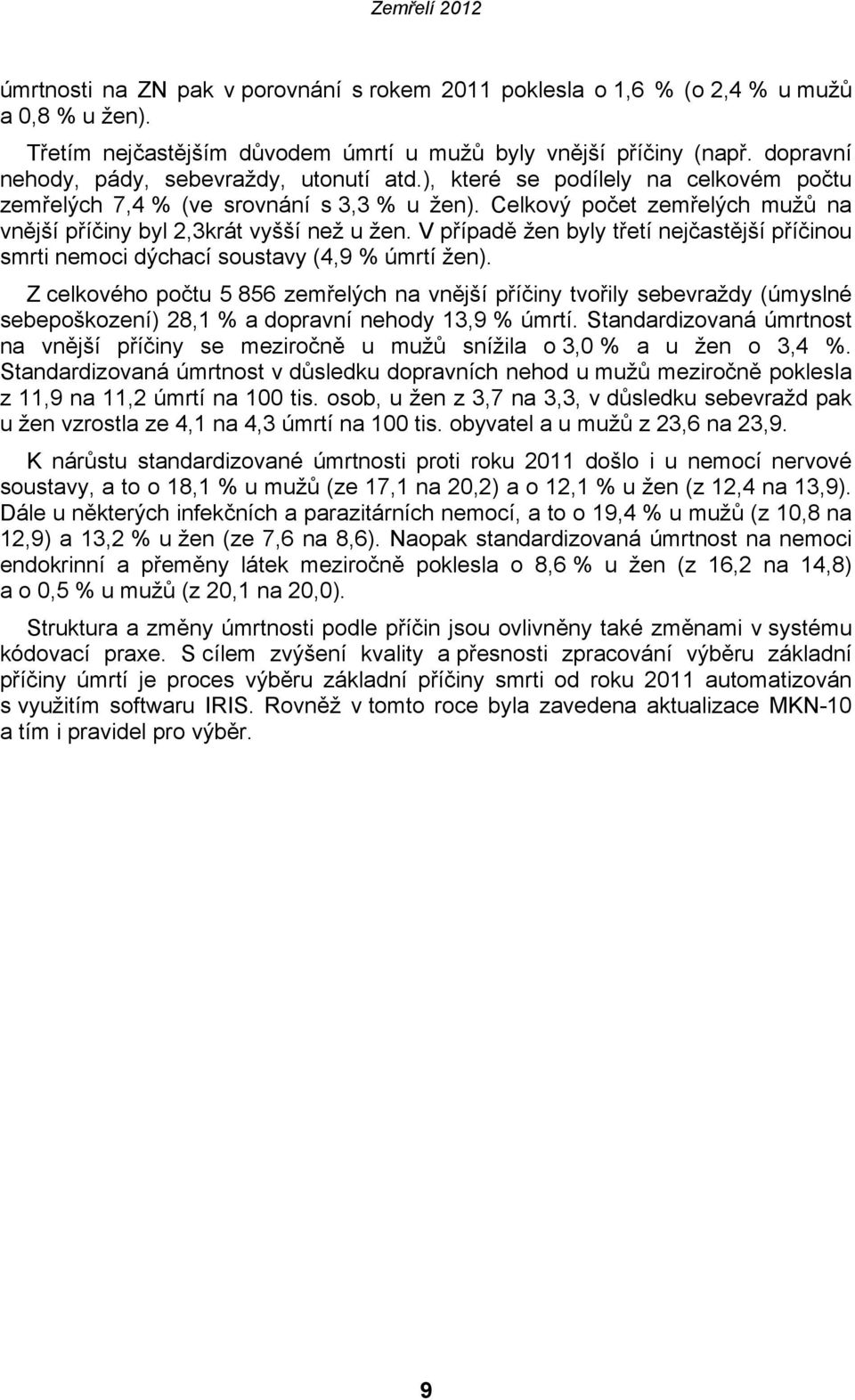 Celkový počet zemřelých mužů na vnější příčiny byl 2,3krát vyšší než u žen. V případě žen byly třetí nejčastější příčinou smrti dýchací (4,9 % úmrtí žen).