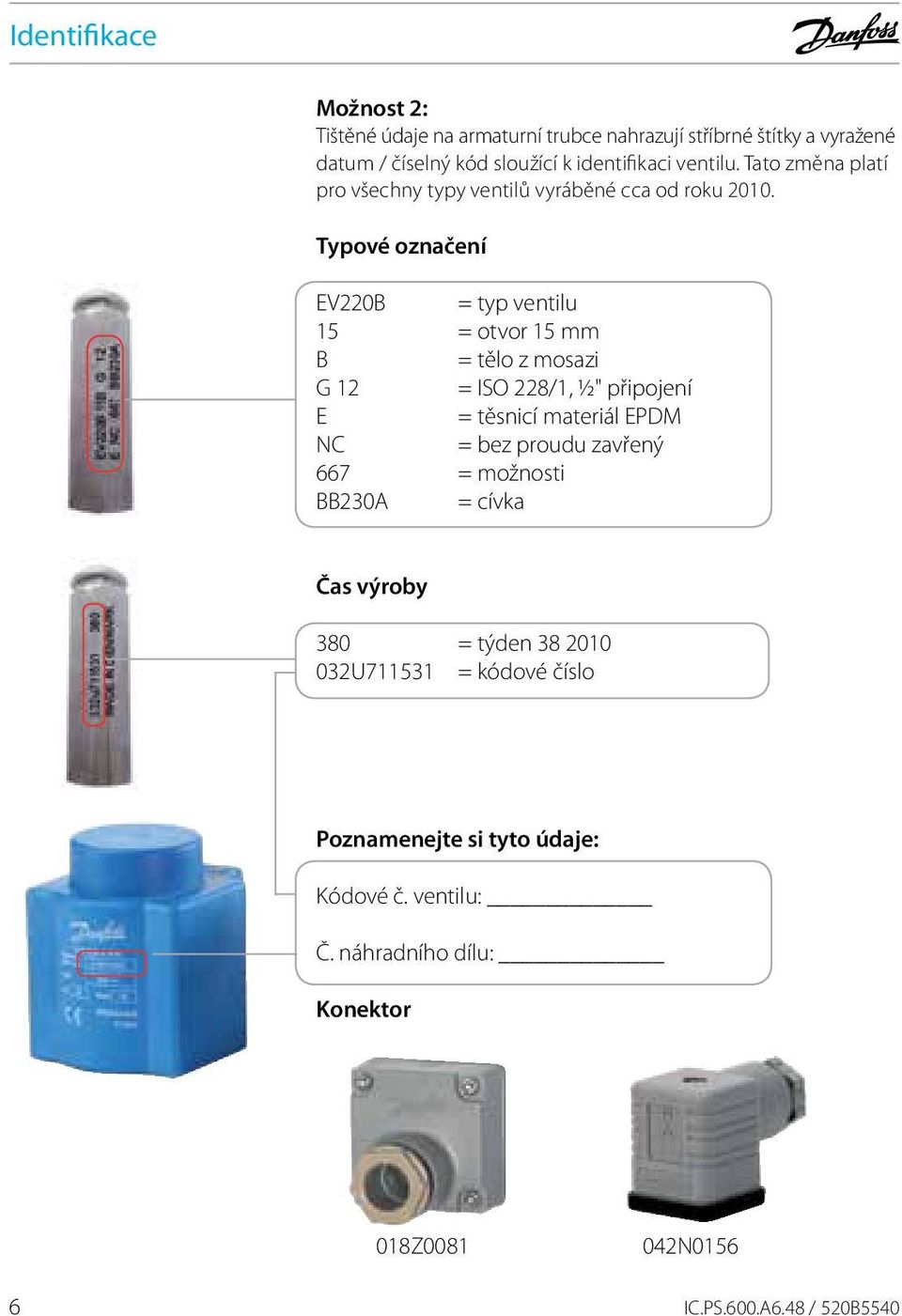 Typové označení EV220B = typ ventilu 15 = otvor 15 mm B = tělo z mosazi G 12 = ISO 228/1, ½" připojení E = těsnicí materiál EPDM NC = bez proudu