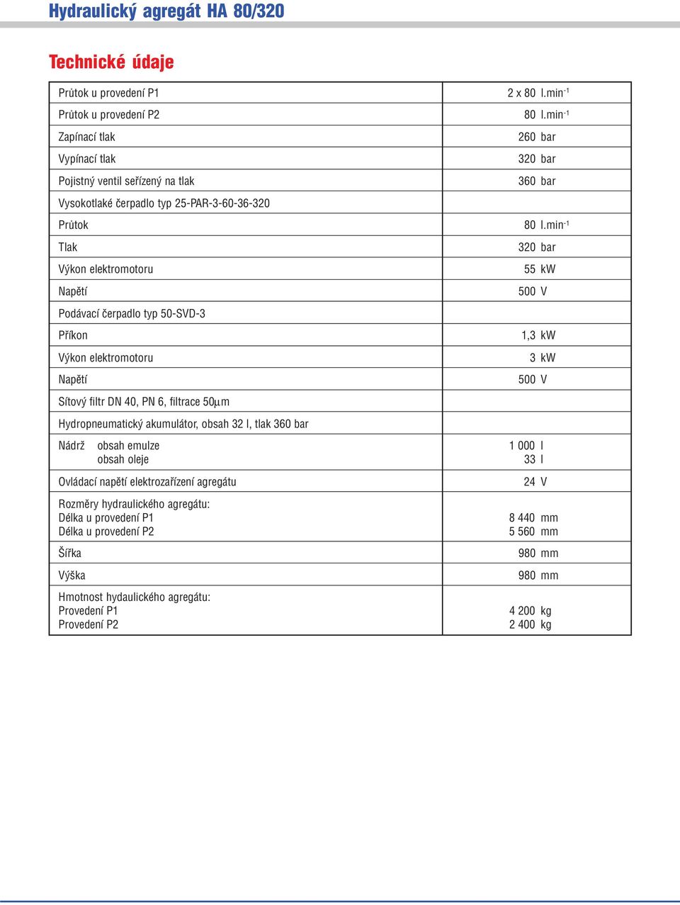 min 1 320 bar 55 kw 500 V Podávací čerpadlo typ 50 SVD 3 Příkon Výkon elektromotoru Napětí 1,3 kw 3kW 500 V Sítový filtr DN, PN 6, filtrace 50µm Hydropneumatický akumulátor, obsah