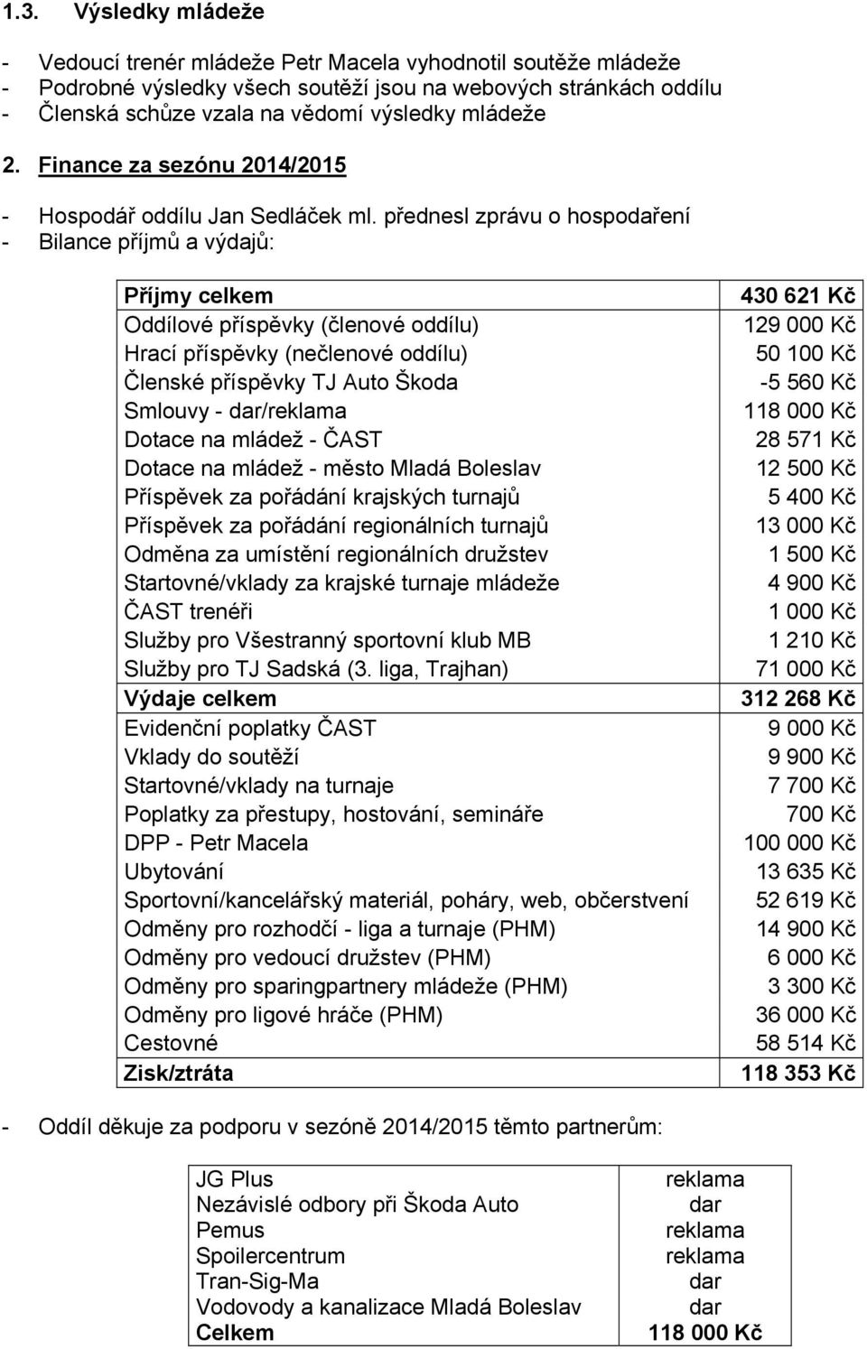 přednesl zprávu o hospodaření - Bilance příjmů a výdajů: Příjmy celkem Oddílové příspěvky (členové oddílu) Hrací příspěvky (nečlenové oddílu) Členské příspěvky TJ Auto Škoda Smlouvy - / Dotace na