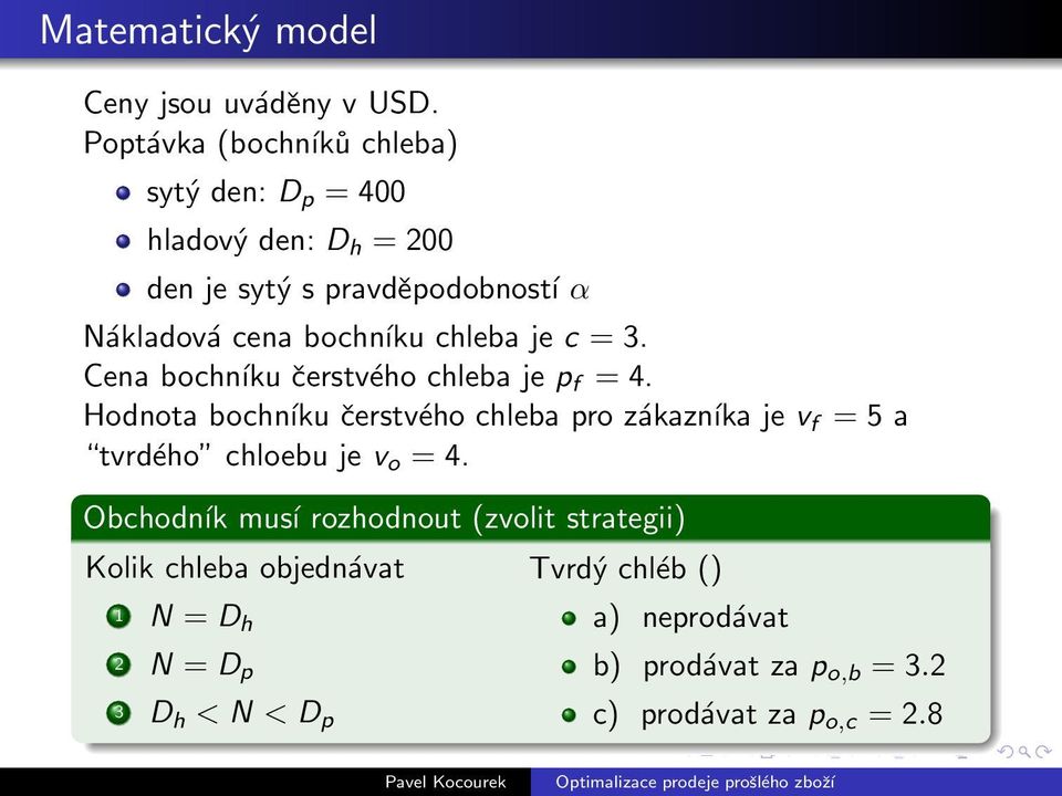 chleba je c = 3. Cena bochníku čerstvého chleba je p f = 4.