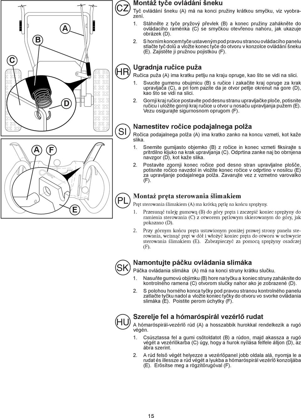 S horním koncem tyče ustaveným pod pravou stranou ovládacího panelu stlačte tyč dolů a vložte konec tyče do otvoru v konzolce ovládání šneku (E). Zajistěte ji pružnou pojistkou (F).
