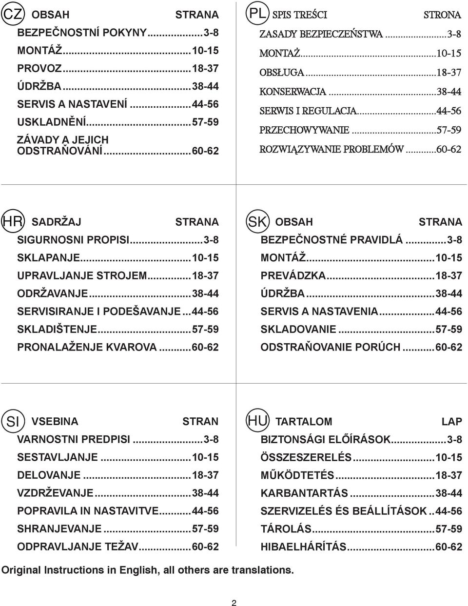 ..60-62 SADRŽAJ STRANA SIGURNOSNI PROPISI...3-8 SKLAPANJE...10-15 UPRAVLJANJE STROJEM...18-37 ODRŽAVANJE...38-44 SERVISIRANJE I PODEŠAVANJE...44-56 SKLADIŠTENJE...57-59 PRONALAŽENJE KVAROVA.