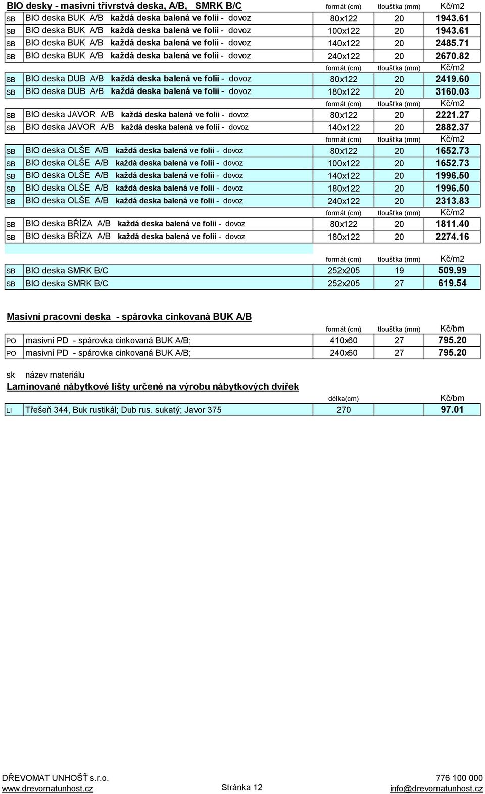 82 SB BIO deska DUB A/B každá deska balená ve folii - dovoz 80x122 20 2419.60 SB BIO deska DUB A/B každá deska balená ve folii - dovoz 180x122 20 3160.