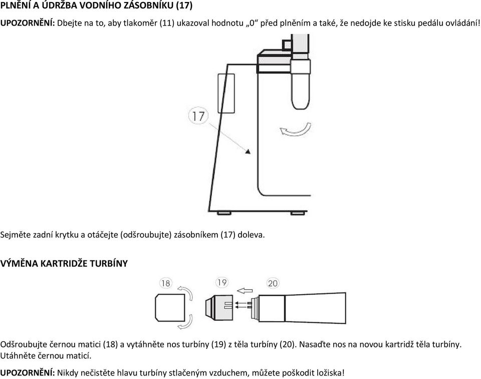 VÝMĚNA KARTRIDŽE TURBÍNY Odšroubujte černou matici (18) a vytáhněte nos turbíny (19) z těla turbíny (20).