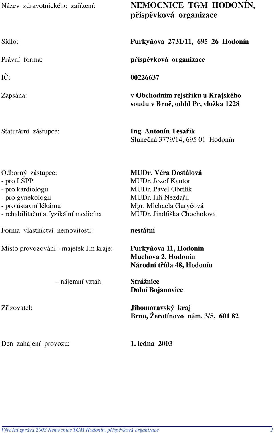 Jozef Kántor - pro kardiologii MUDr. Pavel Obrtlík - pro gynekologii MUDr. Jiří Nezdařil - pro ústavní lékárnu Mgr. Michaela Guryčová - rehabilitační a fyzikální medicína MUDr.