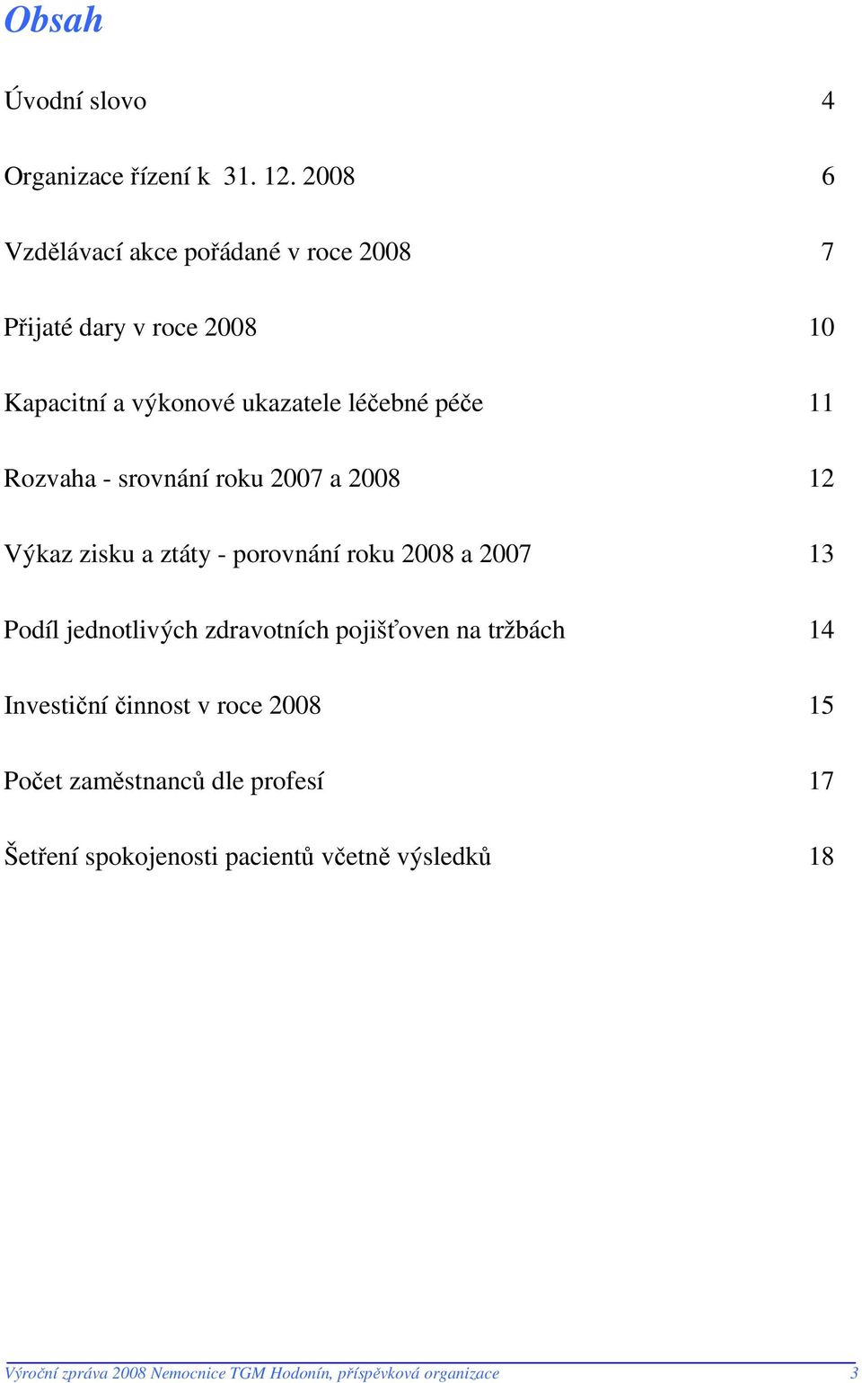 Rozvaha - srovnání roku 2007 a 2008 12 Výkaz zisku a ztáty - porovnání roku 2008 a 2007 13 Podíl jednotlivých zdravotních