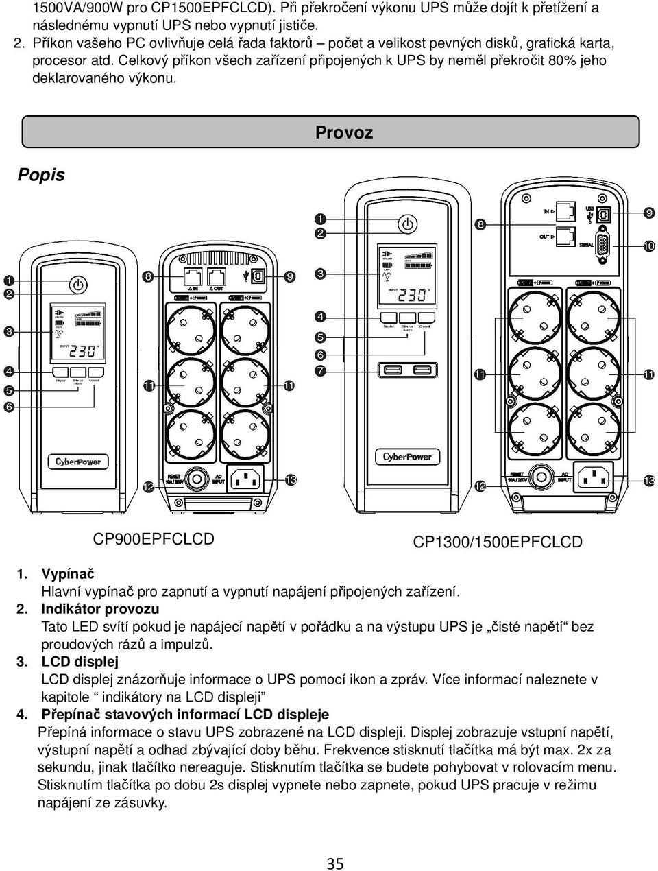 Celkový příkon všech zařízení připojených k UPS by neměl překročit 80% jeho deklarovaného výkonu. Provoz Popis CP900EPFCLCD CP1300/1500EPFCLCD 1.