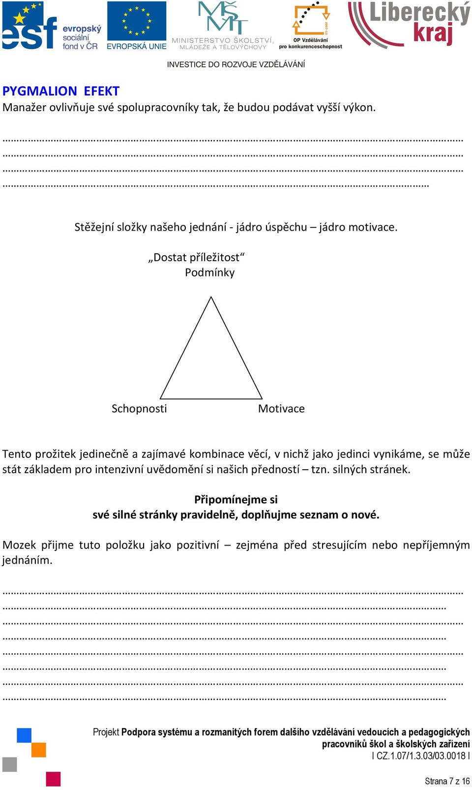 Dostat příležitost Podmínky Schopnosti Motivace Tento prožitek jedinečně a zajímavé kombinace věcí, v nichž jako jedinci vynikáme, se