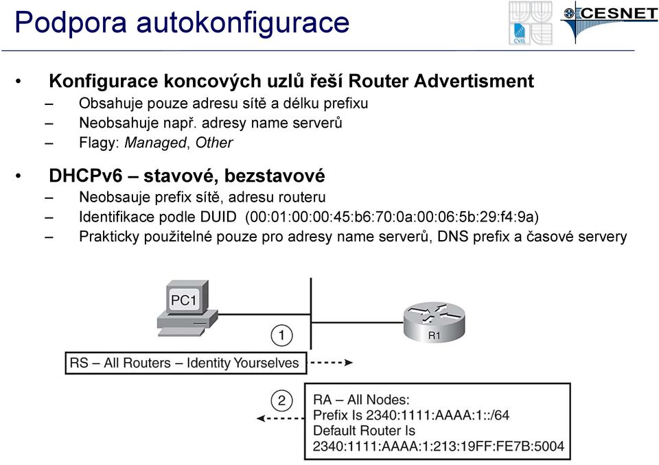 adresy name serverů Flagy: Managed, Other DHCPv6 stavové, bezstavové Neobsauje prefix sítě,