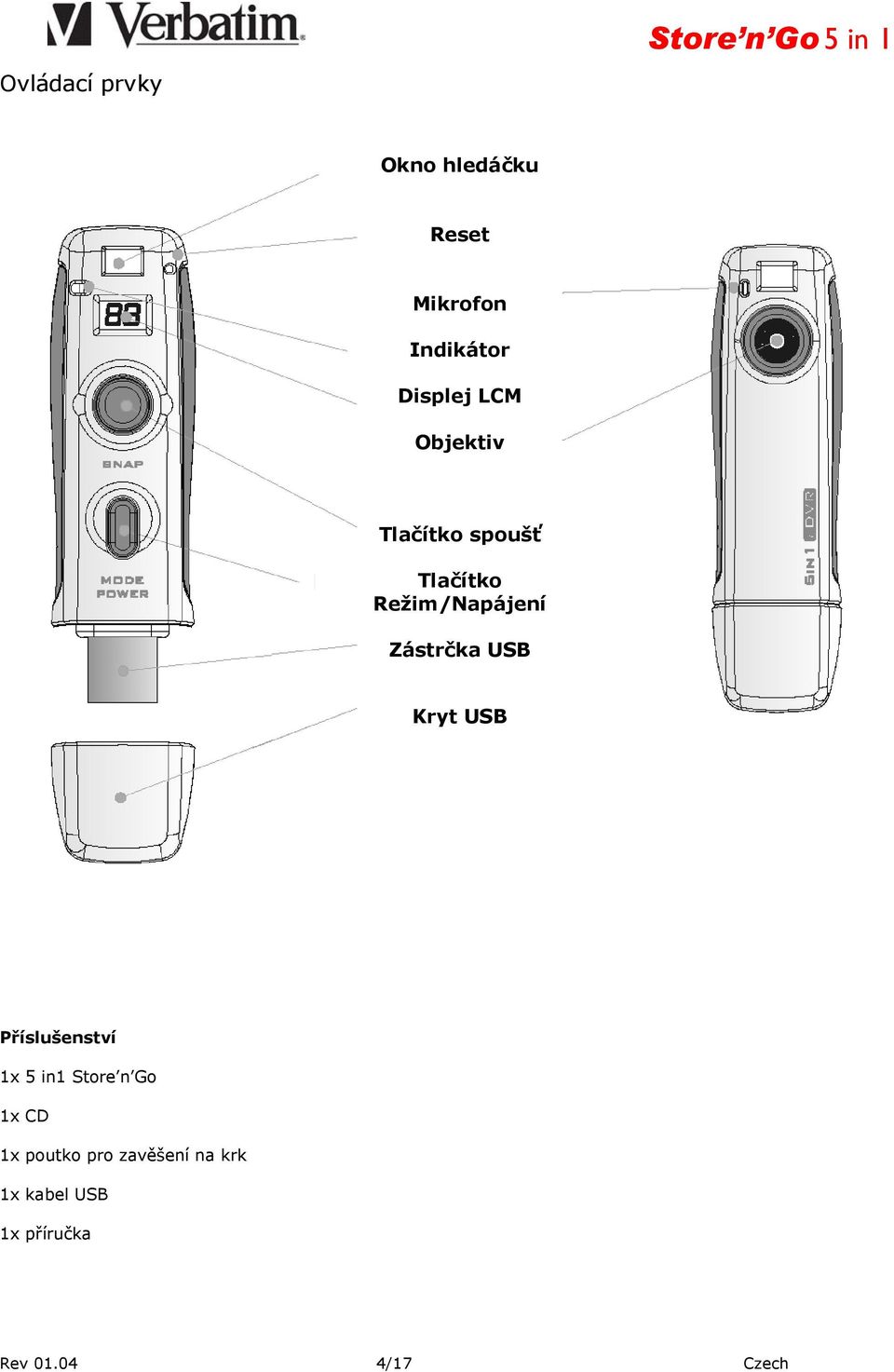 Režim/Napájení Zástrčka USB Kryt USB Příslušenství 1x 5 in1 Store n