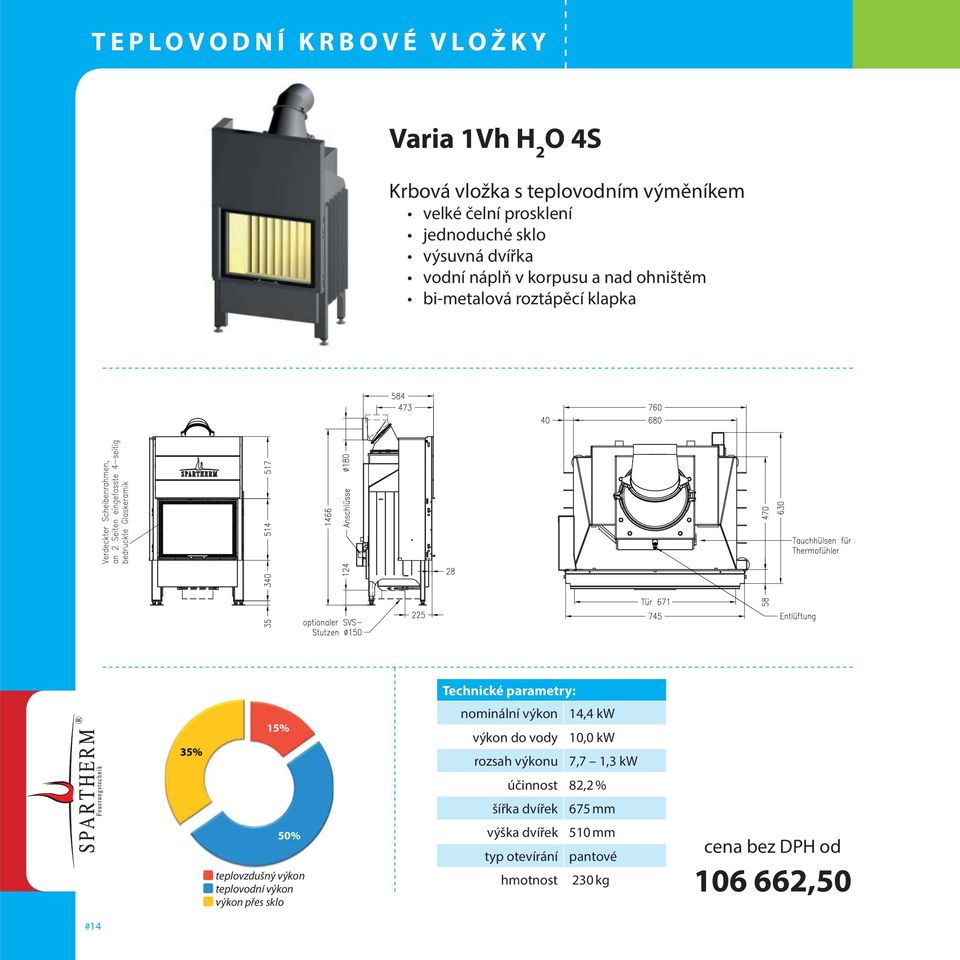 14,4 kw výkon do vody 10,0 kw rozsah výkonu 7,7 1,3 kw účinnost 82,2 % šířka