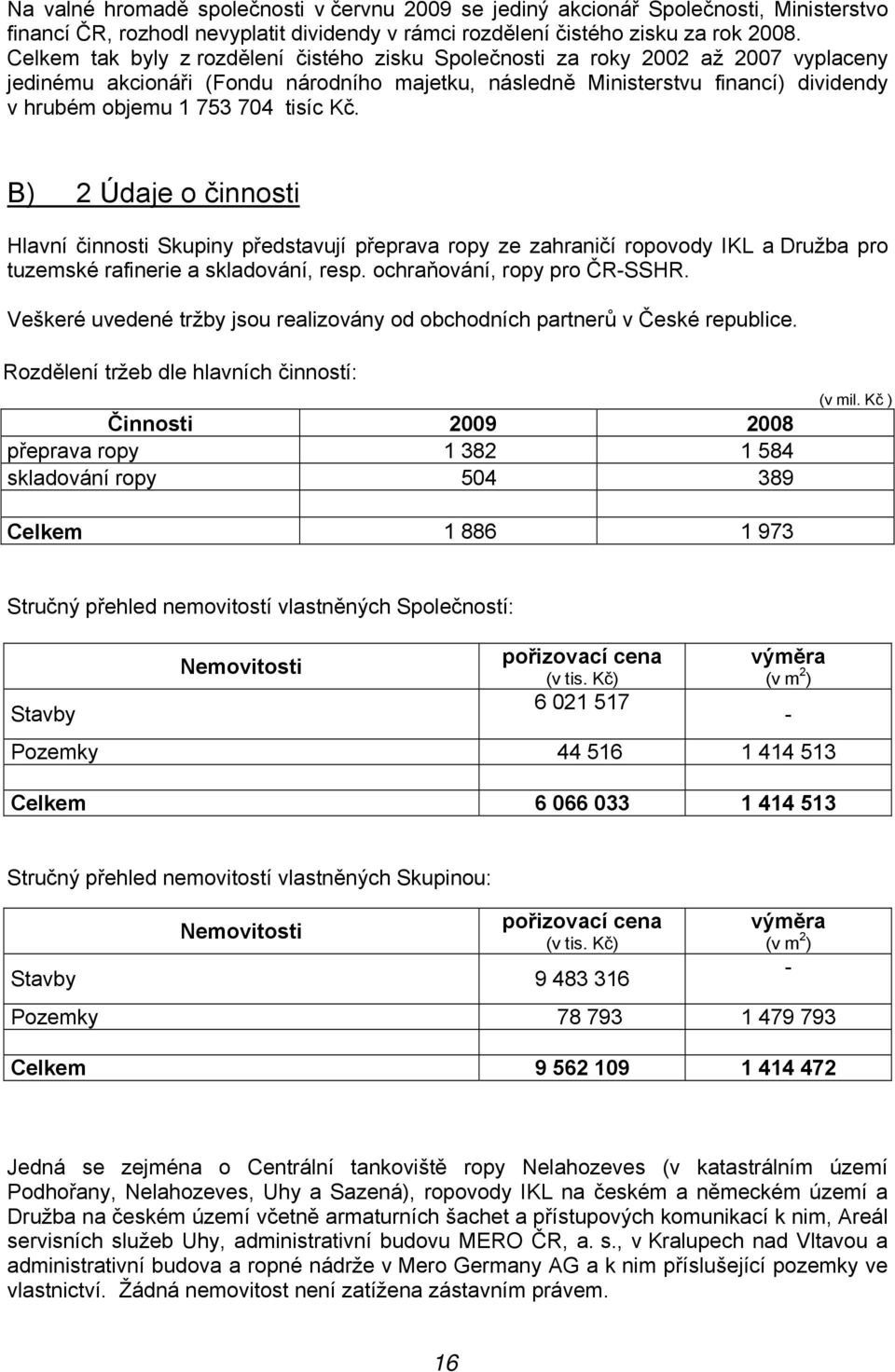 tisíc Kč. B) 2 Údaje o činnosti Hlavní činnosti Skupiny představují přeprava ropy ze zahraničí ropovody IKL a Družba pro tuzemské rafinerie a skladování, resp. ochraňování, ropy pro ČR-SSHR.