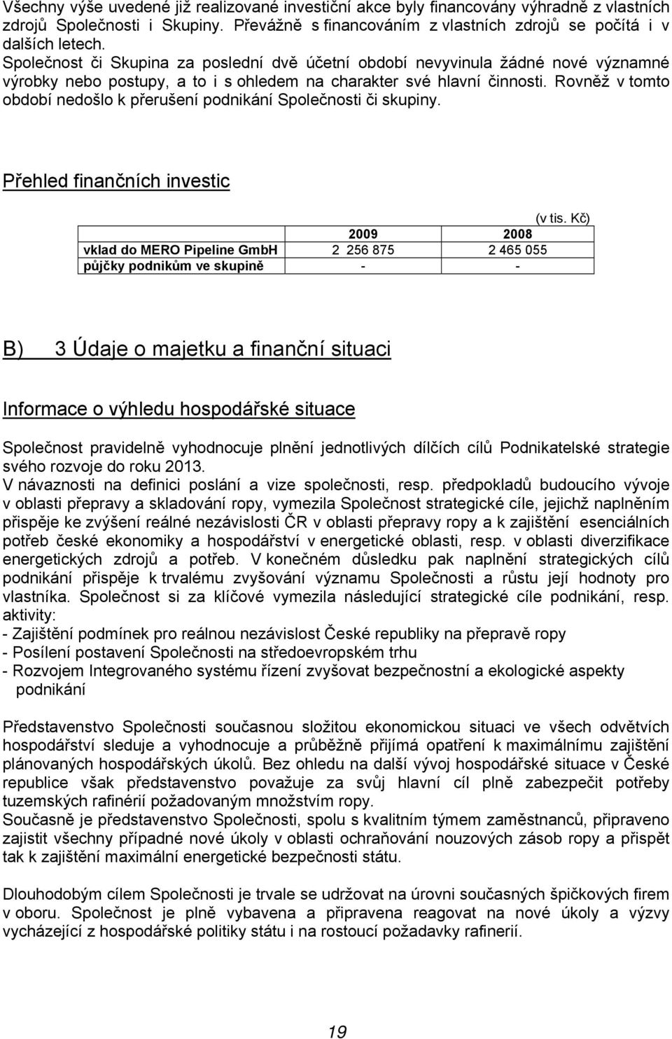 Rovněž v tomto období nedošlo k přerušení podnikání Společnosti či skupiny. Přehled finančních investic (v tis.