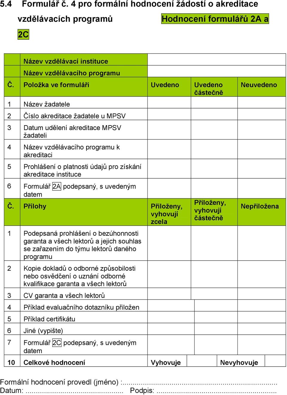 platnosti údajů pro získání akreditace instituce 6 Formulář 2A podepsaný, s uvedeným datem Č.
