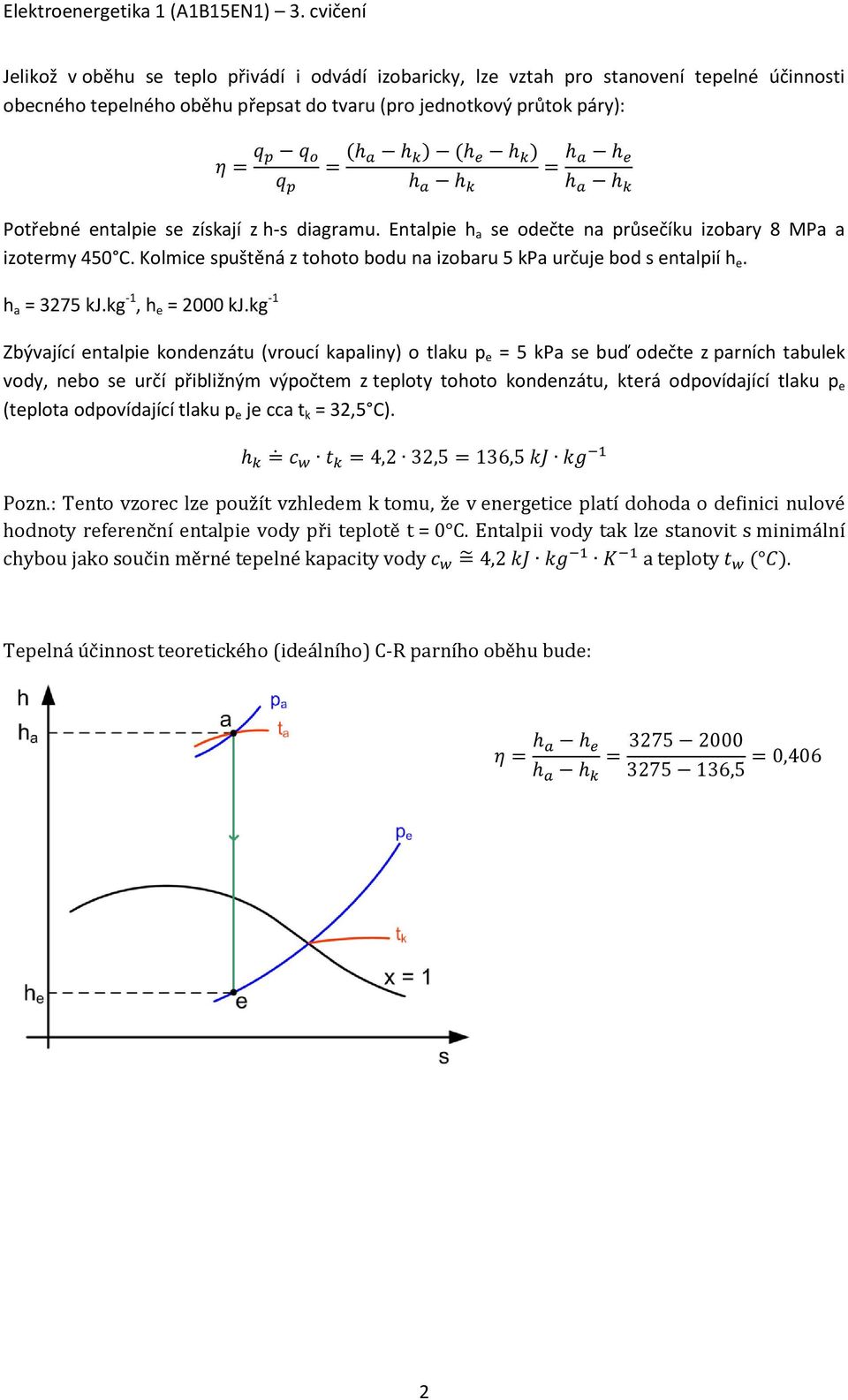 entalpie se získají z h-s diagramu. Entalpie h a se odečte na průsečíku izobary 8 MPa a izotermy 450 C. Kolmice spuštěná z tohoto bodu na izobaru 5 kpa určuje bod s entalpií h e. h a = 3275 kj.