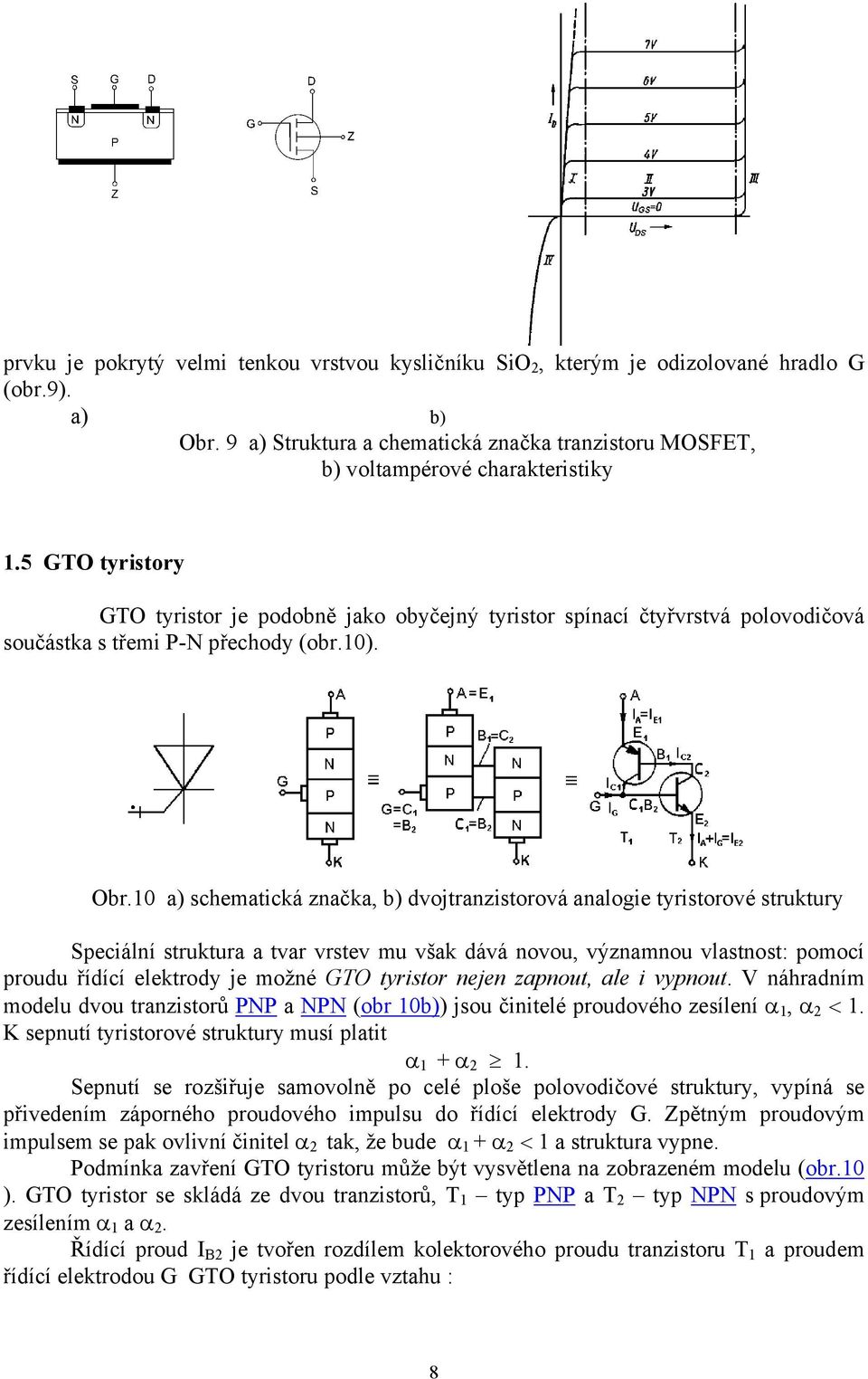 10 a) schematická značka, b) dvojtranzistorová analogie tyristorové struktury Speciální struktura a tvar vrstev mu však dává novou, významnou vlastnost: pomocí proudu řídící elektrody je možné GTO