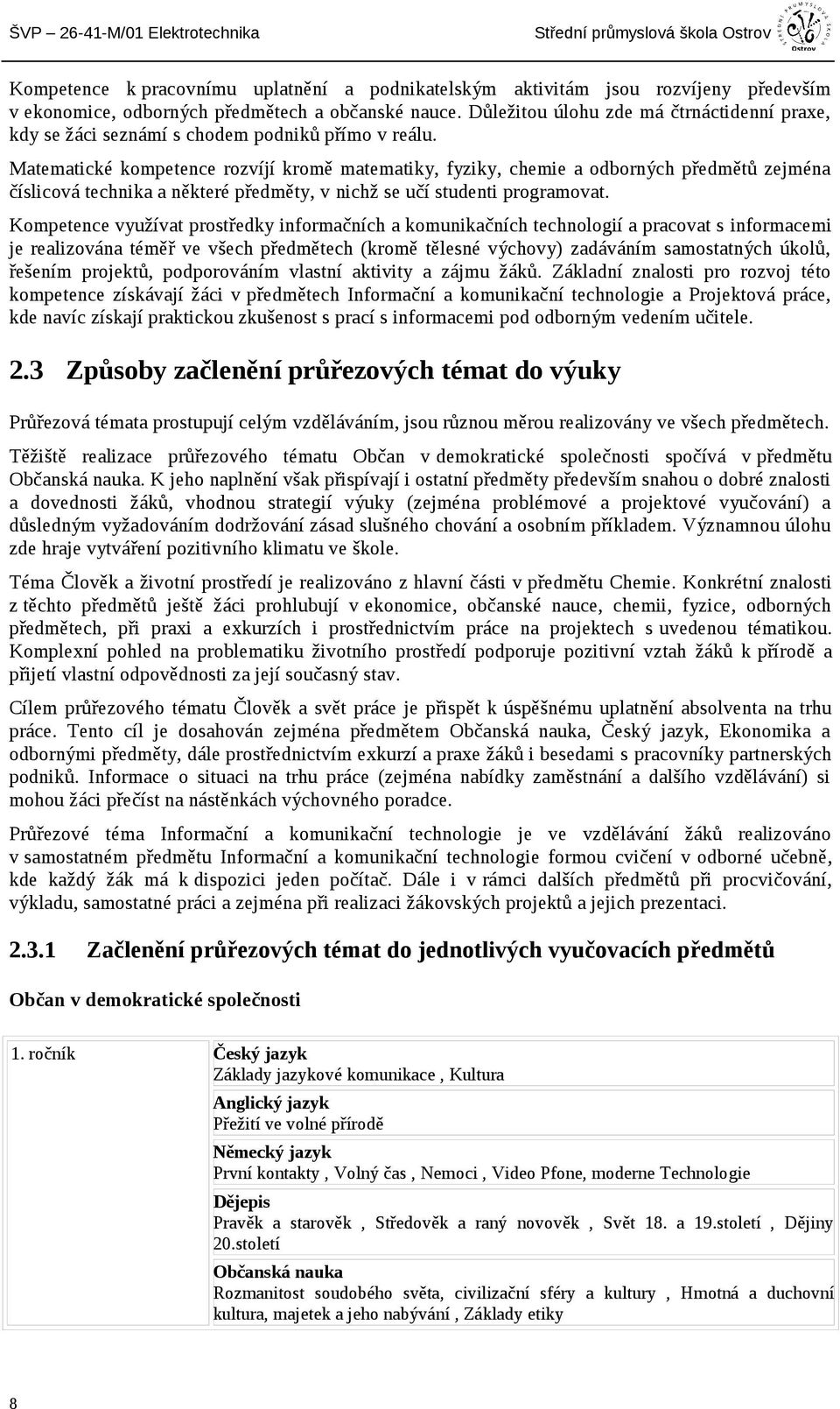 Matematické kompetence rozvíjí kromě matematiky, fyziky, chemie a odborných předmětů zejména číslicová technika a některé předměty, v nichž se učí studenti programovat.