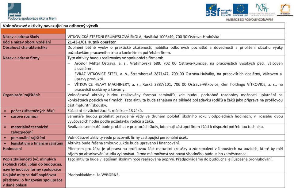 Název a adresa firmy Tyto aktivity budou realizovány ve spolupráci s firmami: - Arcelor Mittal Ostrava, a. s., Vratimovská 689, 702 00 Ostrava-Kunčice, na pracovištích vysokých pecí, válcoven a oceláren.