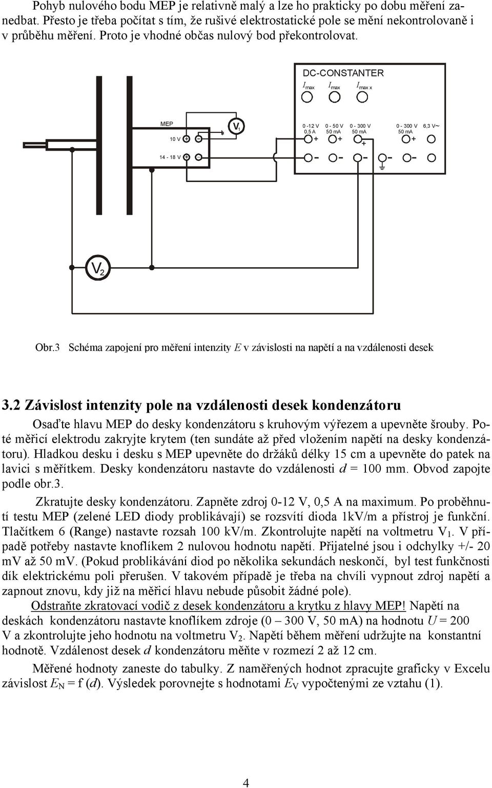 3 Schéma zapojení pro měření intenzity E v závislosti na napětí a na vzdálenosti desek 3.