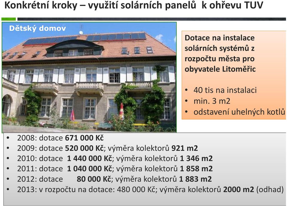 3 m2 odstavení uhelných kotlů 2008: dotace 671 000 Kč 2008: dotace 671 000 Kč 2009: dotace 520 000 Kč; výměra kolektorů 921 m2 2010: