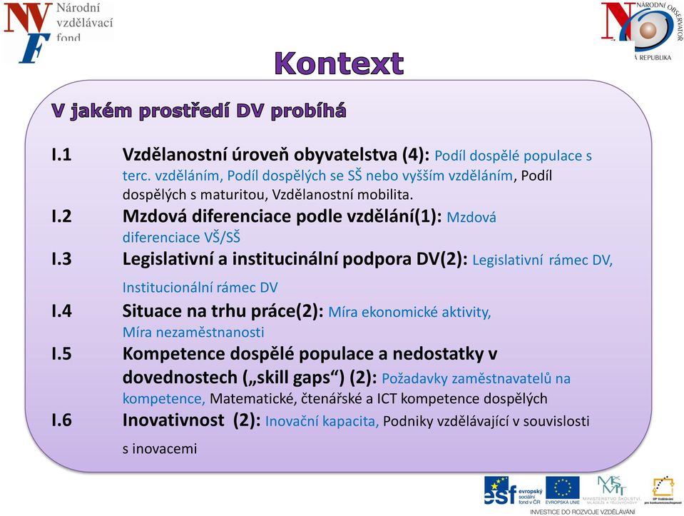 2 Mzdová diferenciace podle vzdělání(1): Mzdová diferenciace VŠ/SŠ I.3 Legislativní a institucinální podpora DV(2): Legislativní rámec DV, Institucionální rámec DV I.