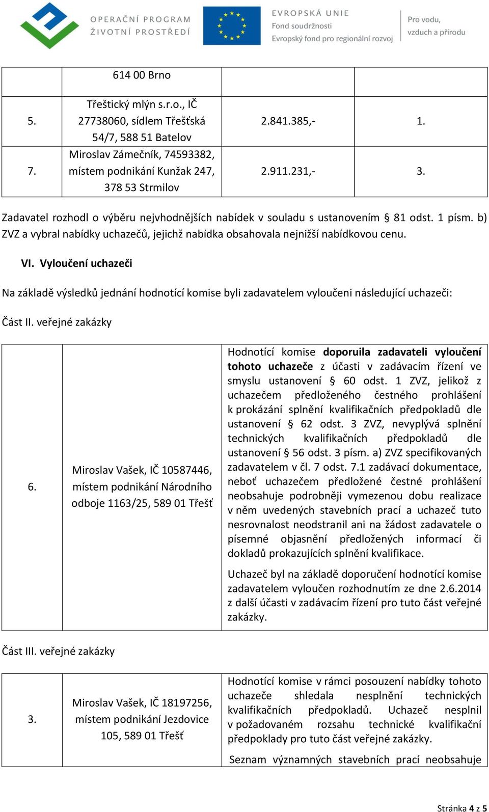 , IČ 27738060, sídlem Třešťská 54/7, 588 51 Batelov Miroslav Zámečník, 74593382, místem podnikání Kunžak 247, 378 53 Strmilov 84385,- 91231,- Zadavatel rozhodl o výběru nejvhodnějších nabídek v