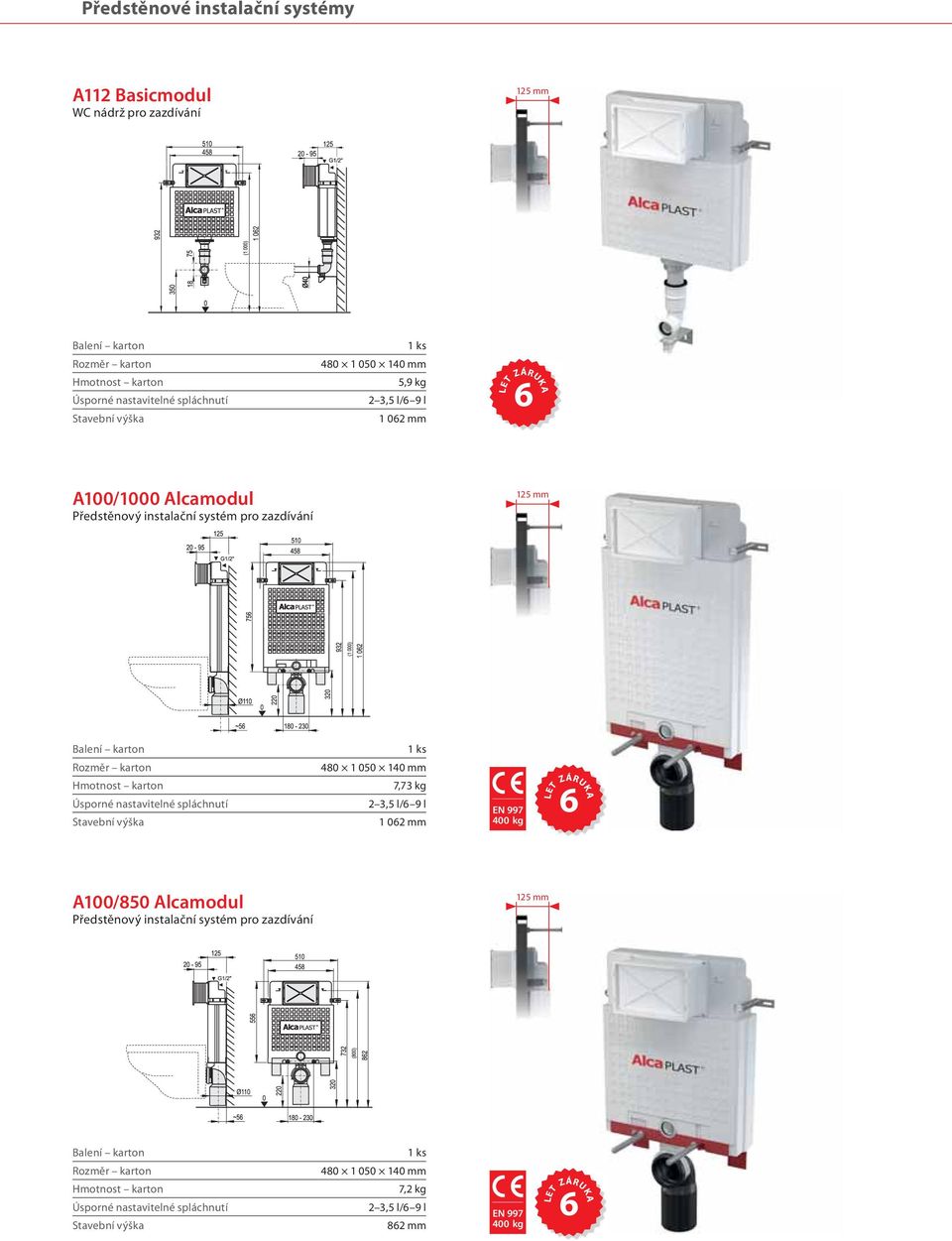 pro zazdívání 125 mm 480 1 050 140 mm 7,73 kg 2 3,5 l/ 9 l 1 02 mm A100/850 Alcamodul