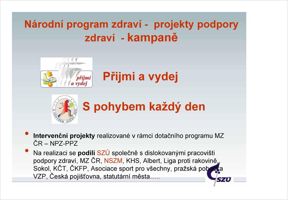 SZÚ společně s dislokovanými pracovišti podpory zdraví, MZ ČR, NSZM, KHS, Albert, Liga proti