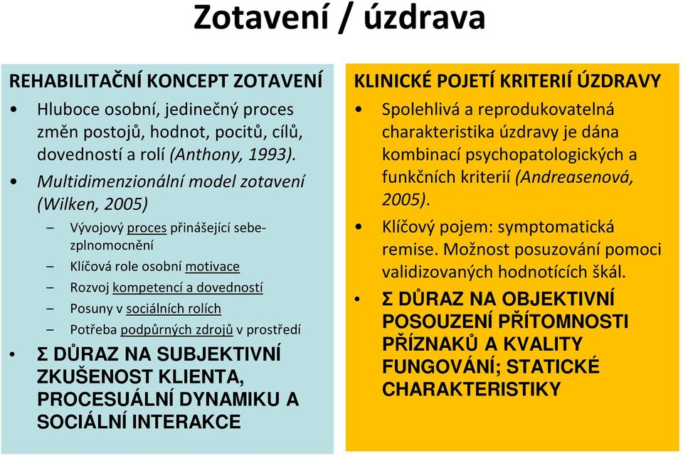 zdrojů v prostředí Σ DŮRAZ NA SUBJEKTIVNÍ ZKUŠENOST KLIENTA, PROCESUÁLNÍ DYNAMIKU A SOCIÁLNÍ INTERAKCE KLINICKÉ POJETÍ KRITERIÍ ÚZDRAVY Spolehlivá a reprodukovatelná charakteristika úzdravy je dána