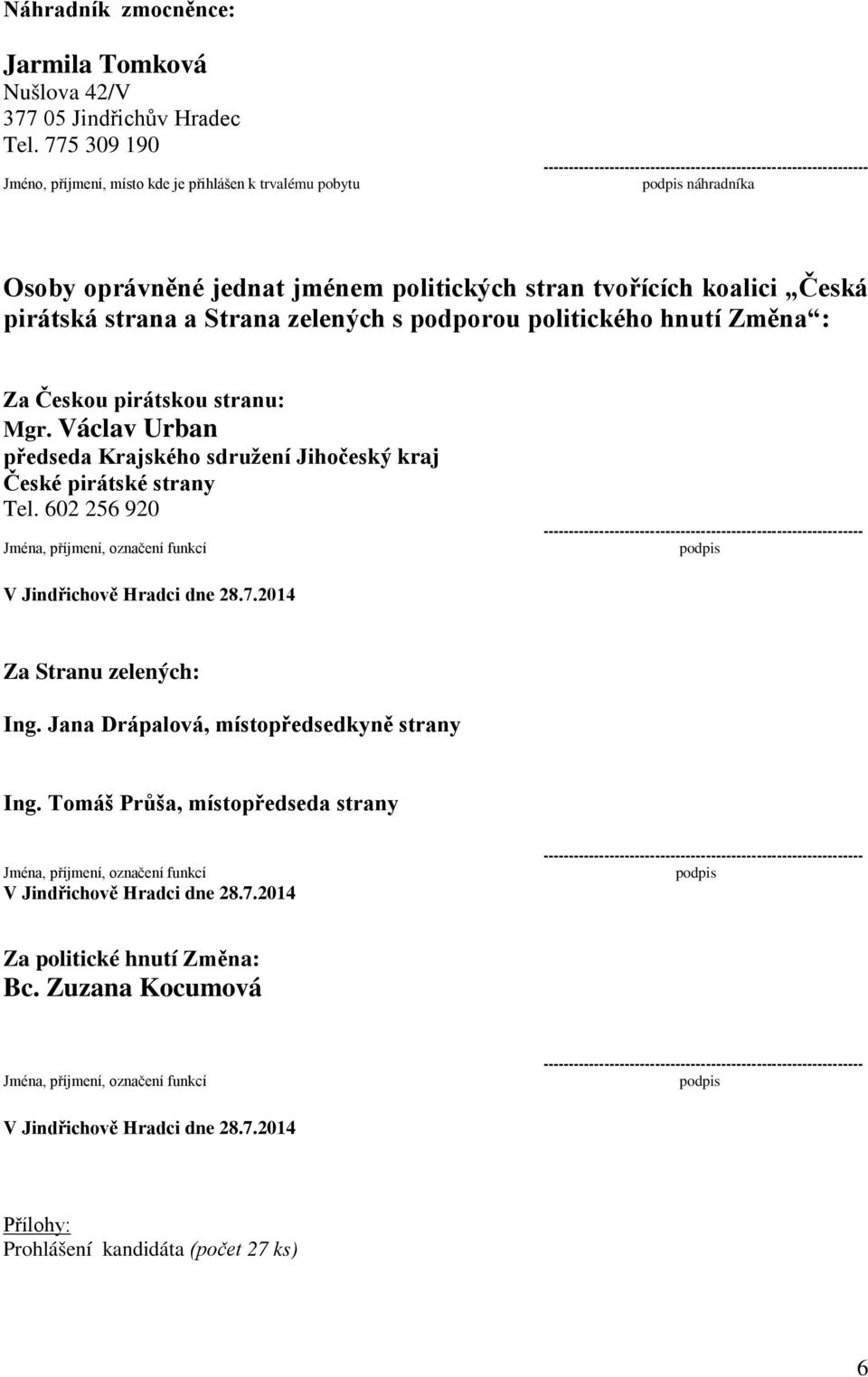 stran tvořících koalici Česká pirátská strana a s podporou politického hnutí Změna : Za Českou pirátskou stranu: Mgr. Václav Urban předseda Krajského sdružení Jihočeský kraj České pirátské strany Tel.