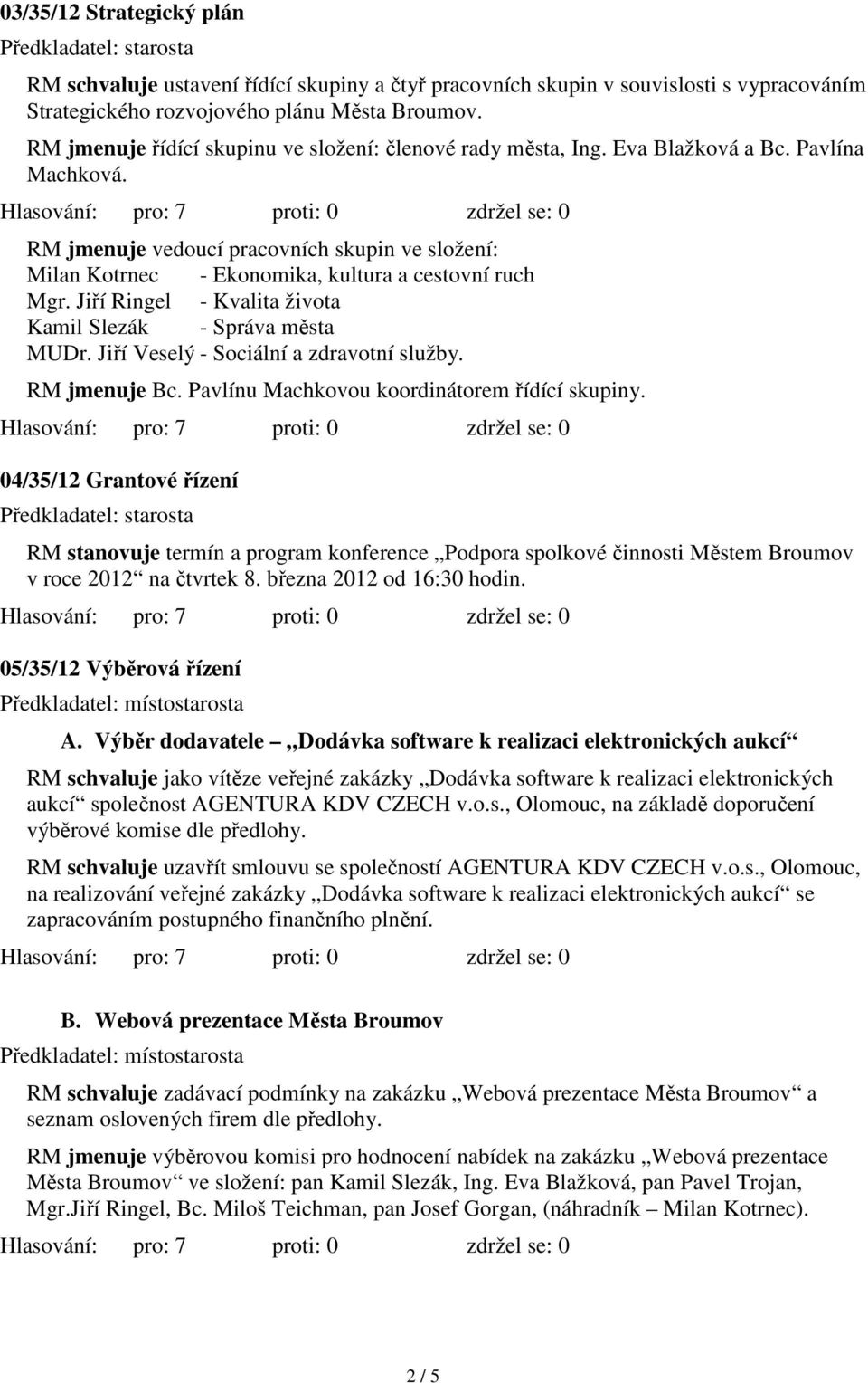 RM jmenuje vedoucí pracovních skupin ve složení: Milan Kotrnec - Ekonomika, kultura a cestovní ruch Mgr. Jiří Ringel - Kvalita života Kamil Slezák - Správa města MUDr.