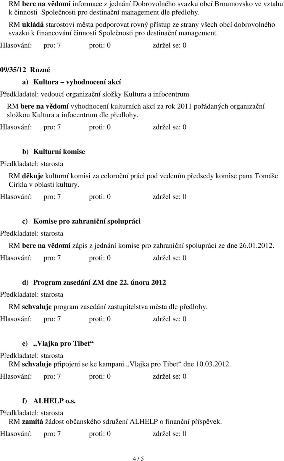 09/35/12 Různé a) Kultura vyhodnocení akcí Předkladatel: vedoucí organizační složky Kultura a infocentrum RM bere na vědomí vyhodnocení kulturních akcí za rok 2011 pořádaných organizační složkou