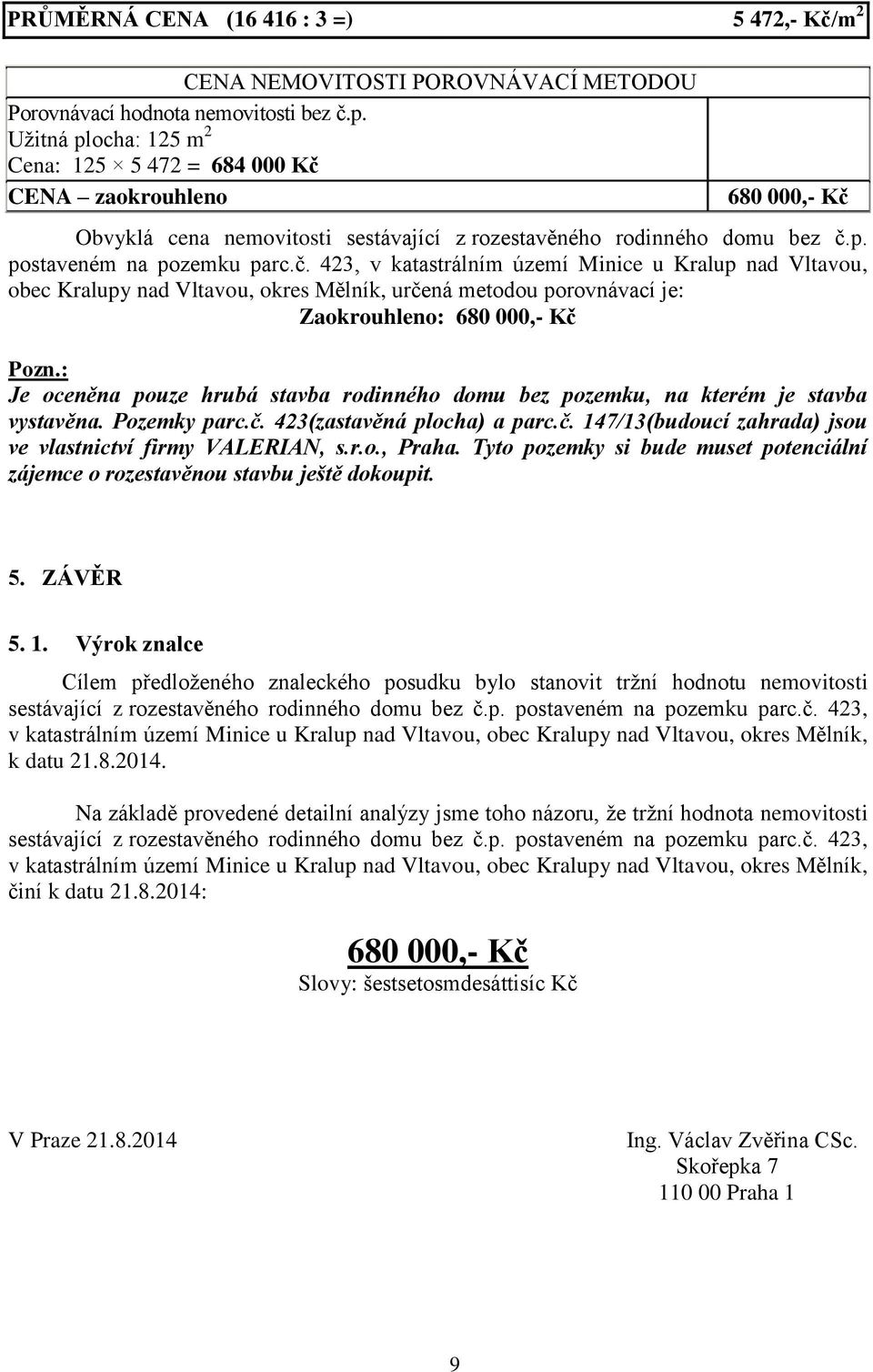 CENA zaokrouhleno 680 000,- Kč Obvyklá cena nemovitosti sestávající z rozestavěného rodinného domu bez č.p. postaveném na pozemku parc.č. 423, v katastrálním území Minice u Kralup nad Vltavou, obec Kralupy nad Vltavou, okres Mělník, určená metodou porovnávací je: Zaokrouhleno: 680 000,- Kč Pozn.