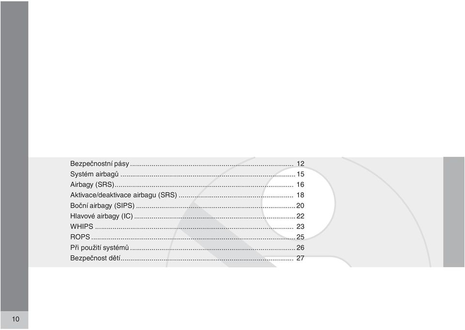 .. 18 Boční airbagy (SIPS)... 20 Hlavové airbagy (IC).