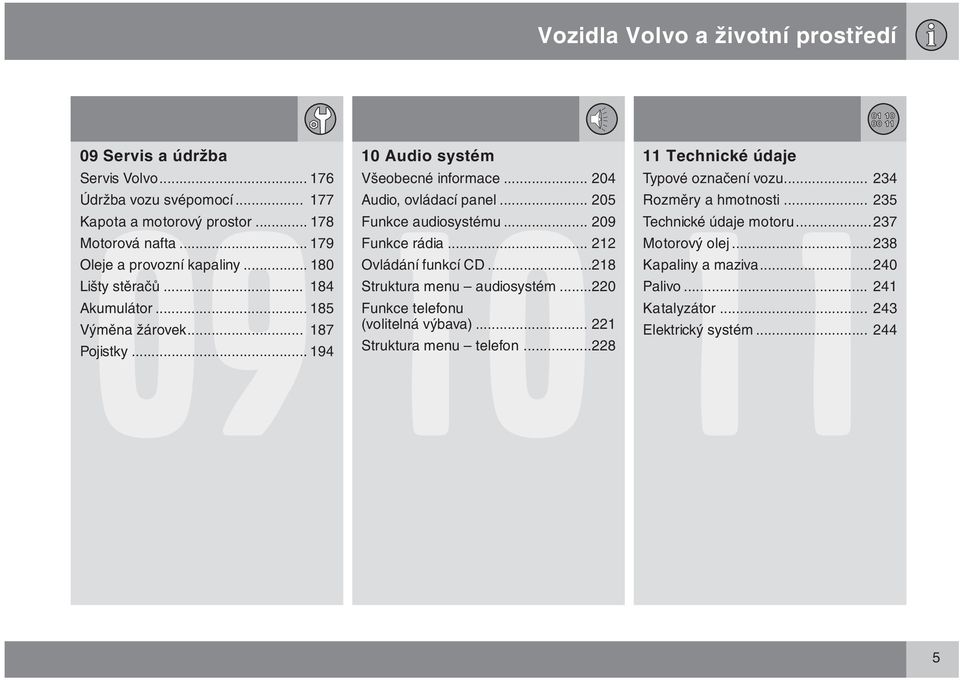 .. 209 Funkce rádia... 212 Ovládání funkcí CD...218 Struktura menu audiosystém...220 Funkce telefonu (volitelná výbava)... 221 Struktura menu telefon.