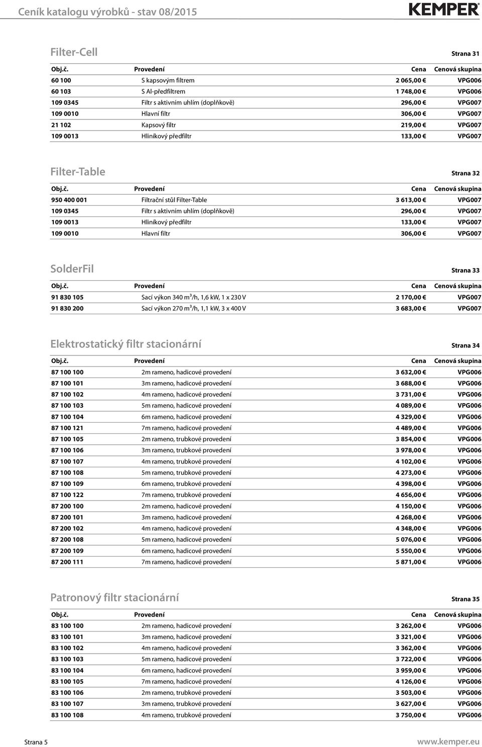 (doplňkově) 296,00 VPG007 109 0013 Hliníkový předfiltr 133,00 VPG007 109 0010 Hlavní filtr 306,00 VPG007 SolderFil Strana 33 91 830 105 Sací výkon 340 m³/h, 1,6 kw, 1 x 230 V 2 170,00 VPG007 91 830