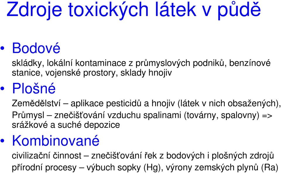 Průmysl znečišťování vzduchu spalinami (továrny, spalovny) => srážkové a suché depozice Kombinované