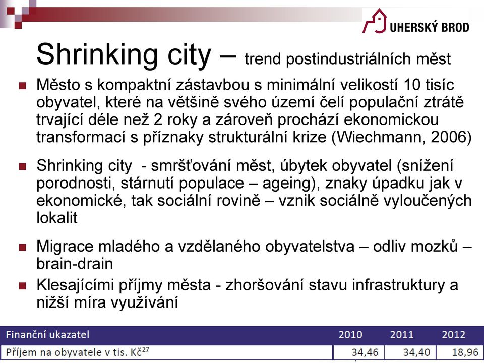 úbytek obyvatel (snížení porodnosti, stárnutí populace ageing), znaky úpadku jak v ekonomické, tak sociální rovině vznik sociálně vyloučených lokalit Migrace