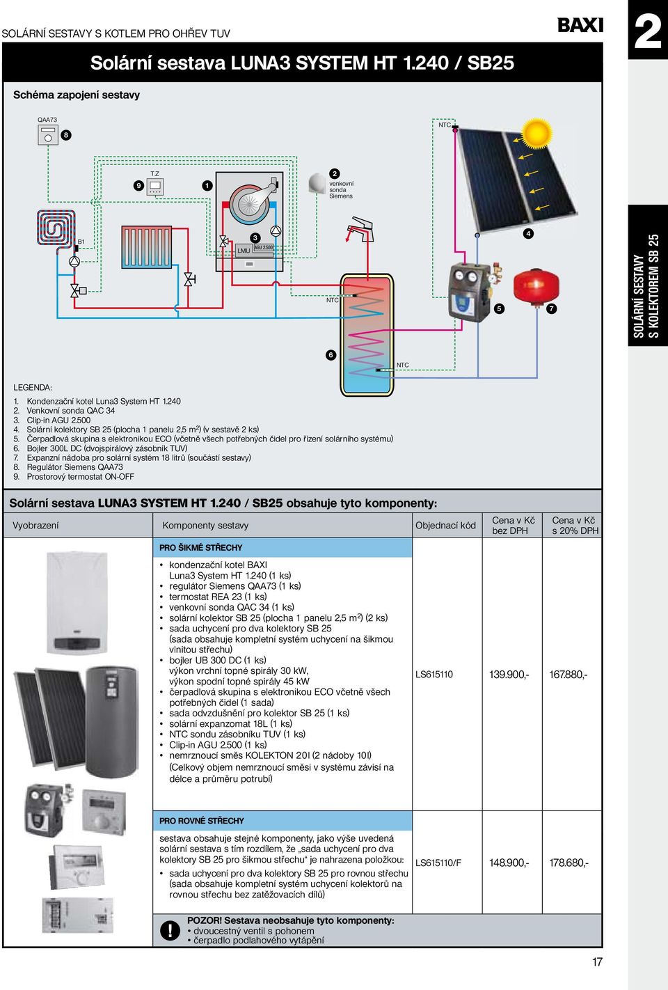 Bojler 00l DC (dvojspirálový zásobník tuv) 7. expanzní nádoba pro solární systém 8 litrů (součástí sestavy) 8. regulátor Siemens QAA7 9. prostorový termostat on-off Solární sestava LUNA SYSTEM HT.