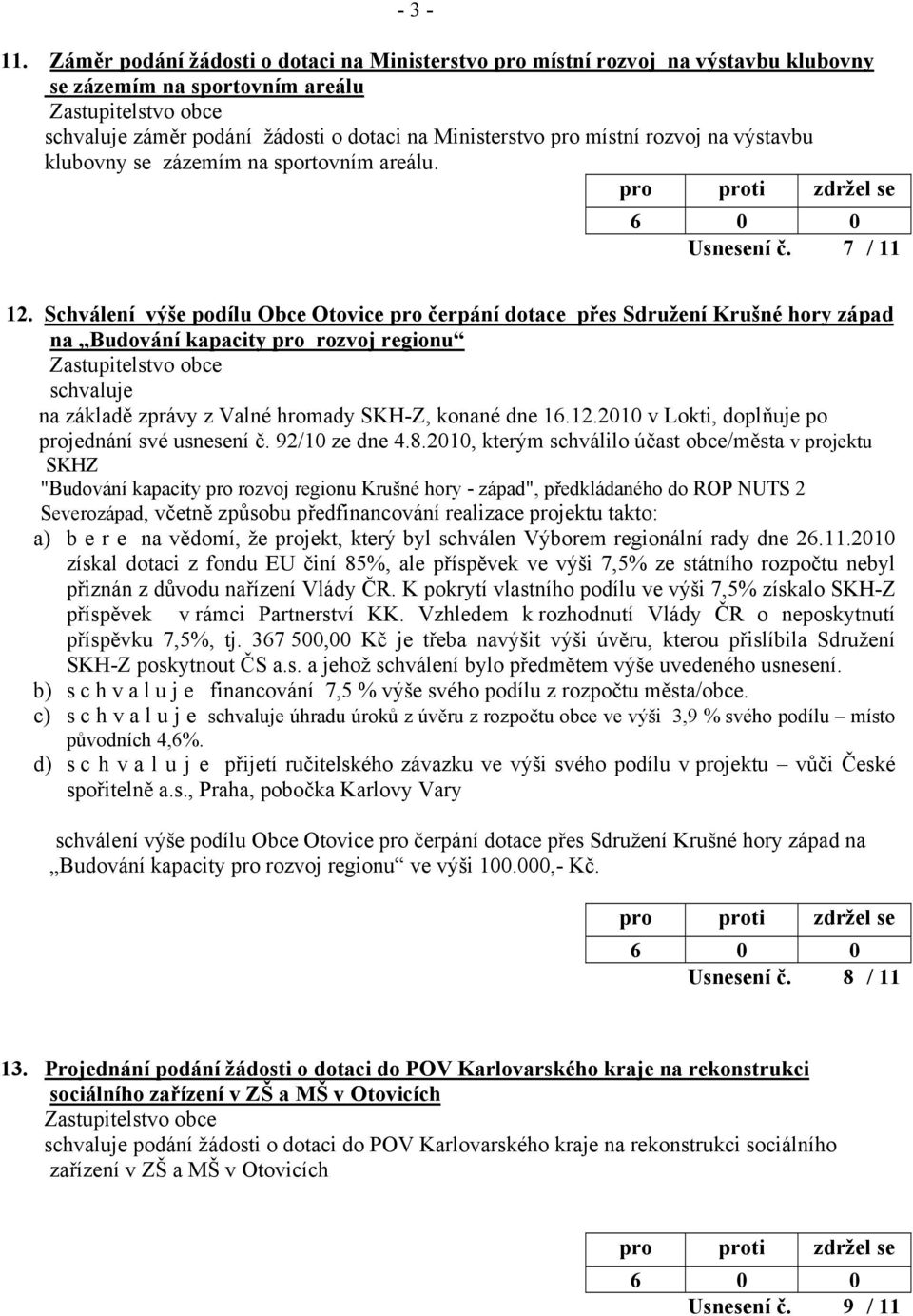 výstavbu klubovny se zázemím na sportovním areálu. Usnesení č. 7 / 11 12.