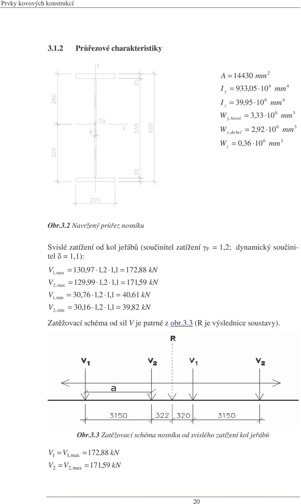 .2 avržený prez nosníku Svslé zatížení od kol jeáb (sountel zatížení F 1,2; dynamcký sountel 1,1): V V V V 1, max 2, max 1, mn 2, mn 10,97