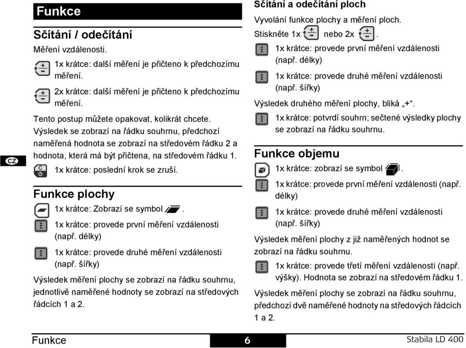 1x krátce: poslední krok se zruší. unkce plochy 1x krátce: Zobrazí se symbol. 1x krátce: provede první měření vzdálenosti (např. délky) 1x krátce: provede druhé měření vzdálenosti (např.
