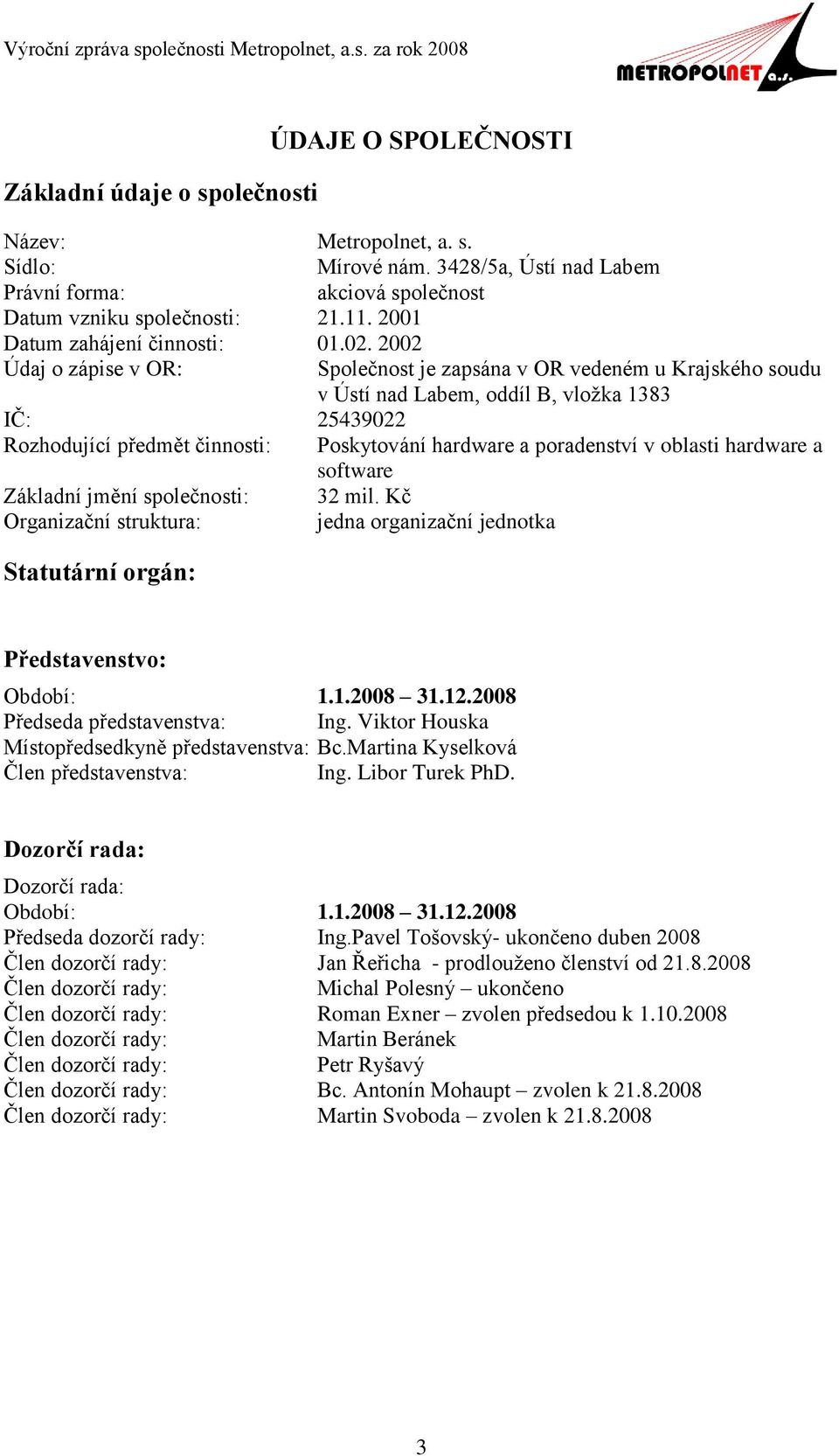 2002 Údaj o zápise v OR: Společnost je zapsána v OR vedeném u Krajského soudu v Ústí nad Labem, oddíl B, vložka 1383 IČ: 25439022 Rozhodující předmět činnosti: Poskytování hardware a poradenství v