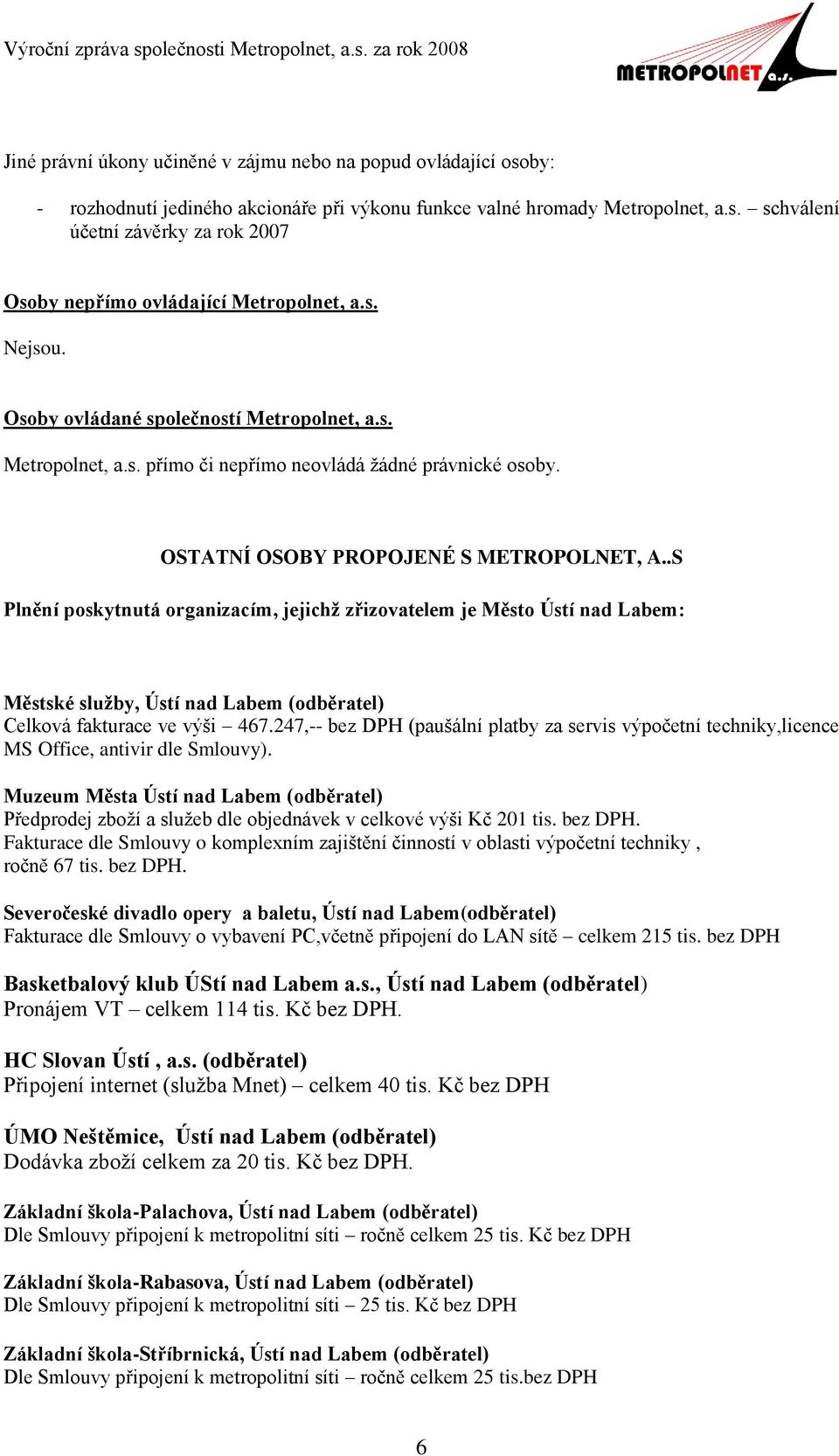 .S Plnění poskytnutá organizacím, jejichţ zřizovatelem je Město Ústí nad Labem: Městské sluţby, Ústí nad Labem (odběratel) Celková fakturace ve výši 467.