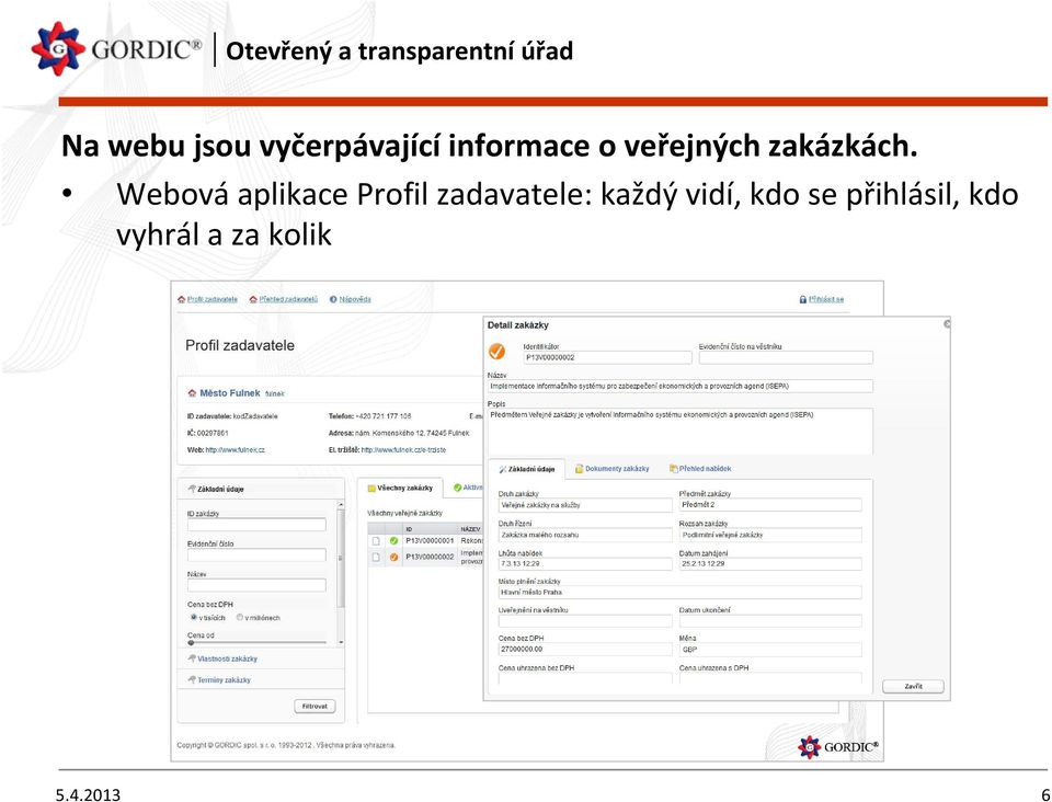 Webová aplikace Profil zadavatele: