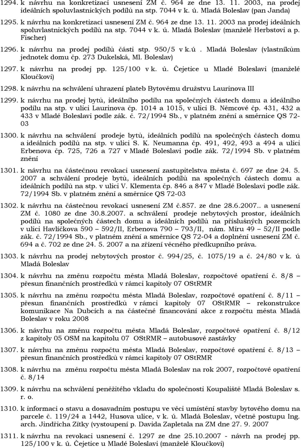 k návrhu na prodej podílů části stp. 950/5 v k.ú. Mladá Boleslav (vlastníkům jednotek domu čp. 273 Dukelská, Ml. Boleslav) 1297. k návrhu na prodej pp. 125/100 v k. ú.