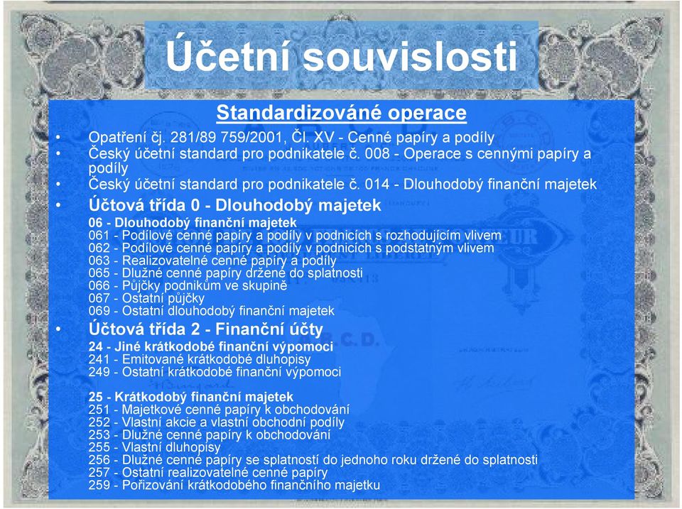 014 - Dlouhodobý finanční majetek Účtová třída 0 - Dlouhodobý majetek 06 - Dlouhodobý finanční majetek 061 - Podílové cenné papíry a podíly v podnicích s rozhodujícím vlivem 062 - Podílové cenné