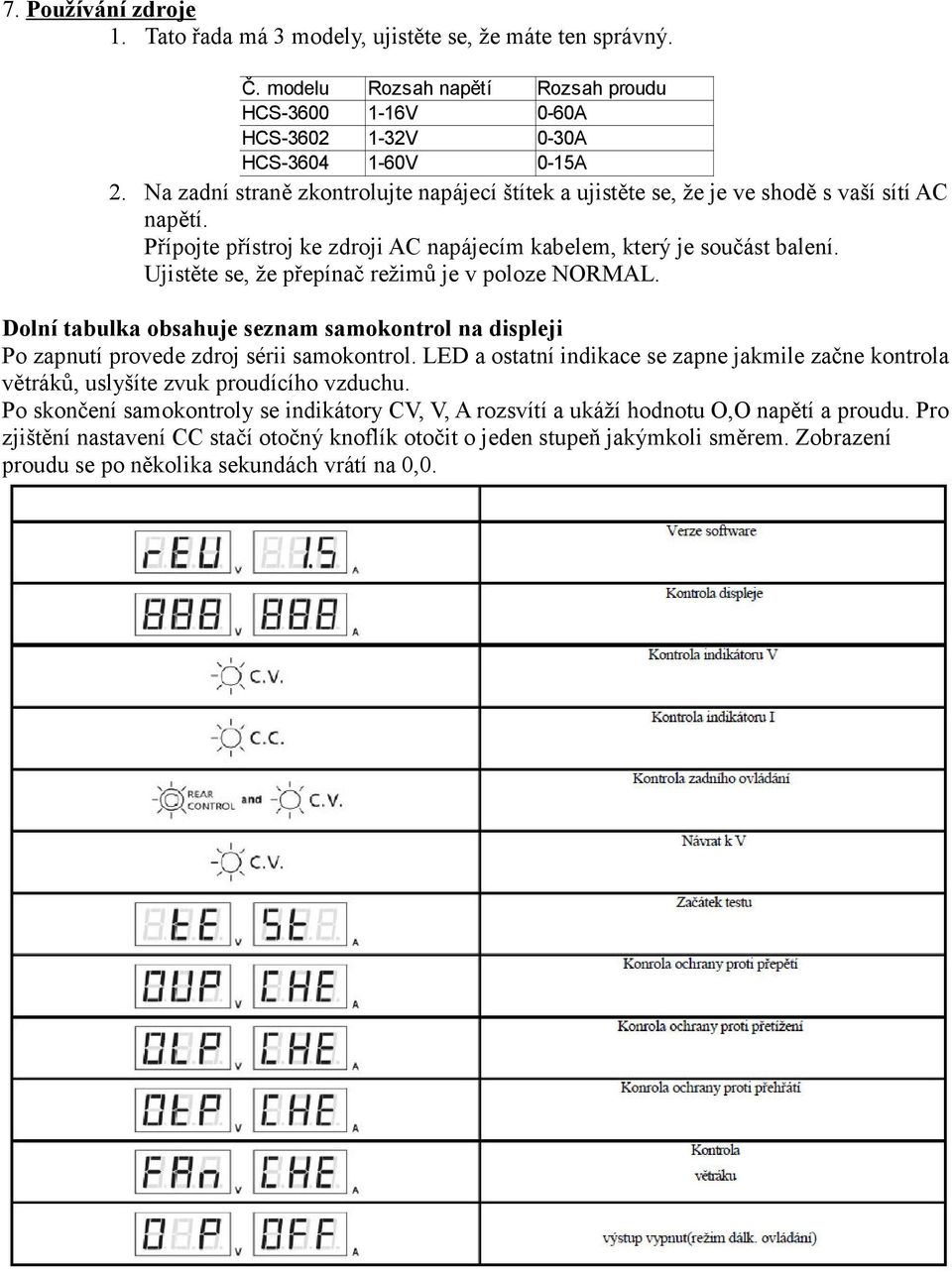 Ujistěte se, že přepínač režimů je v poloze NORMAL. Dolní tabulka obsahuje seznam samokontrol na displeji Po zapnutí provede zdroj sérii samokontrol.